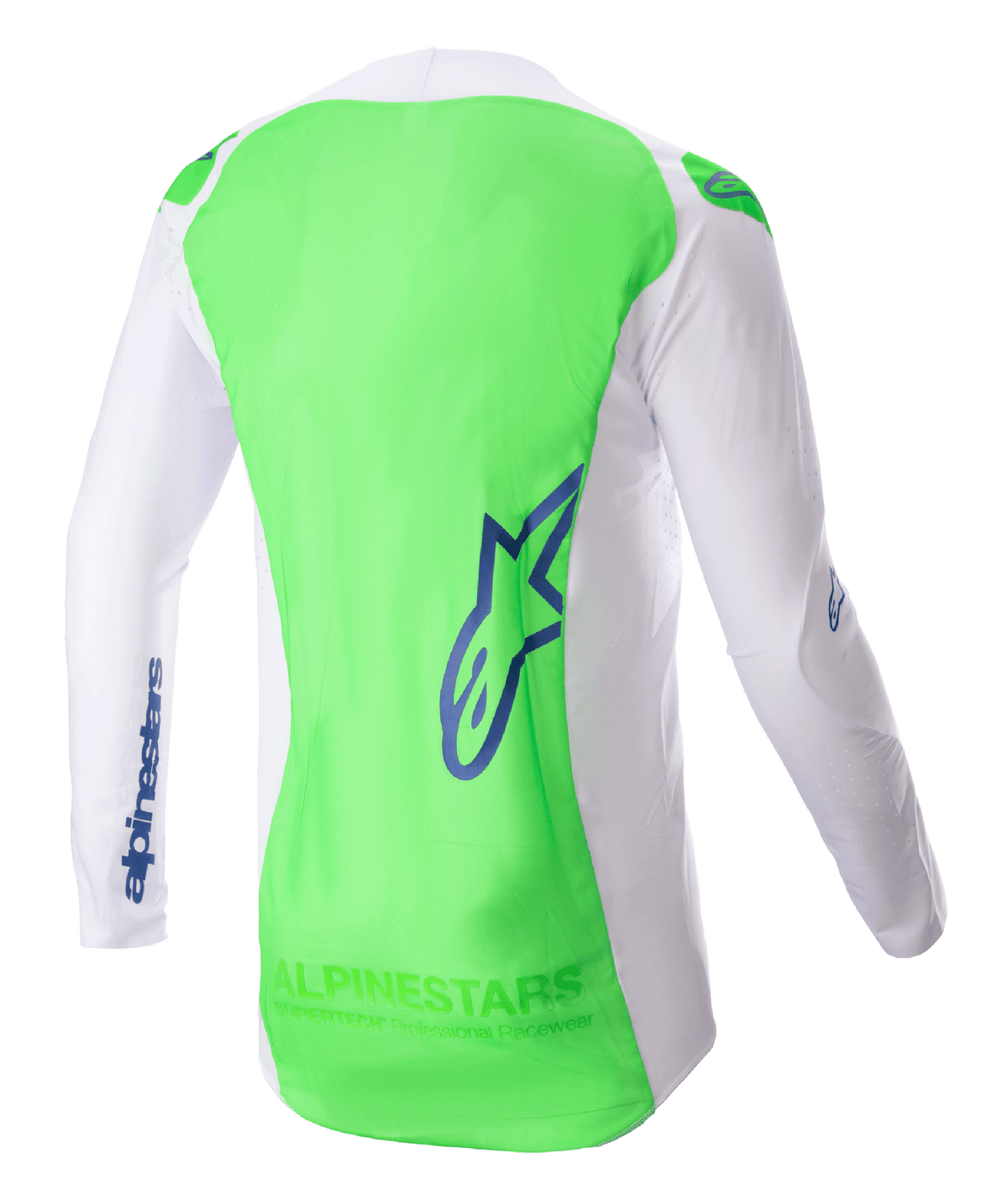 Alpinestars Supertech Risen Jersey 2023, maglia da motocross, bianco e verde fluo con accenti Blue Ray, vista posteriore che mette in risalto la rete elastica traspirante e il pannello posteriore allungato, abbigliamento tecnico leggero per corse fuoristrada