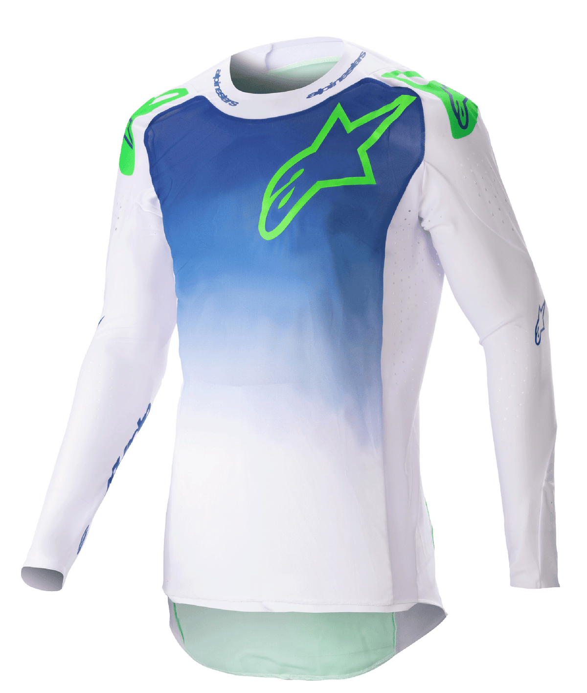 Alpinestars Maglia Supertech Risen 2023, maglia da motocross, Blue Ray e bianco con logo verde fluo, design sfumato sul torso, maniche lunghe perforate, vestibilità atletica race, abbigliamento per corse fuoristrada