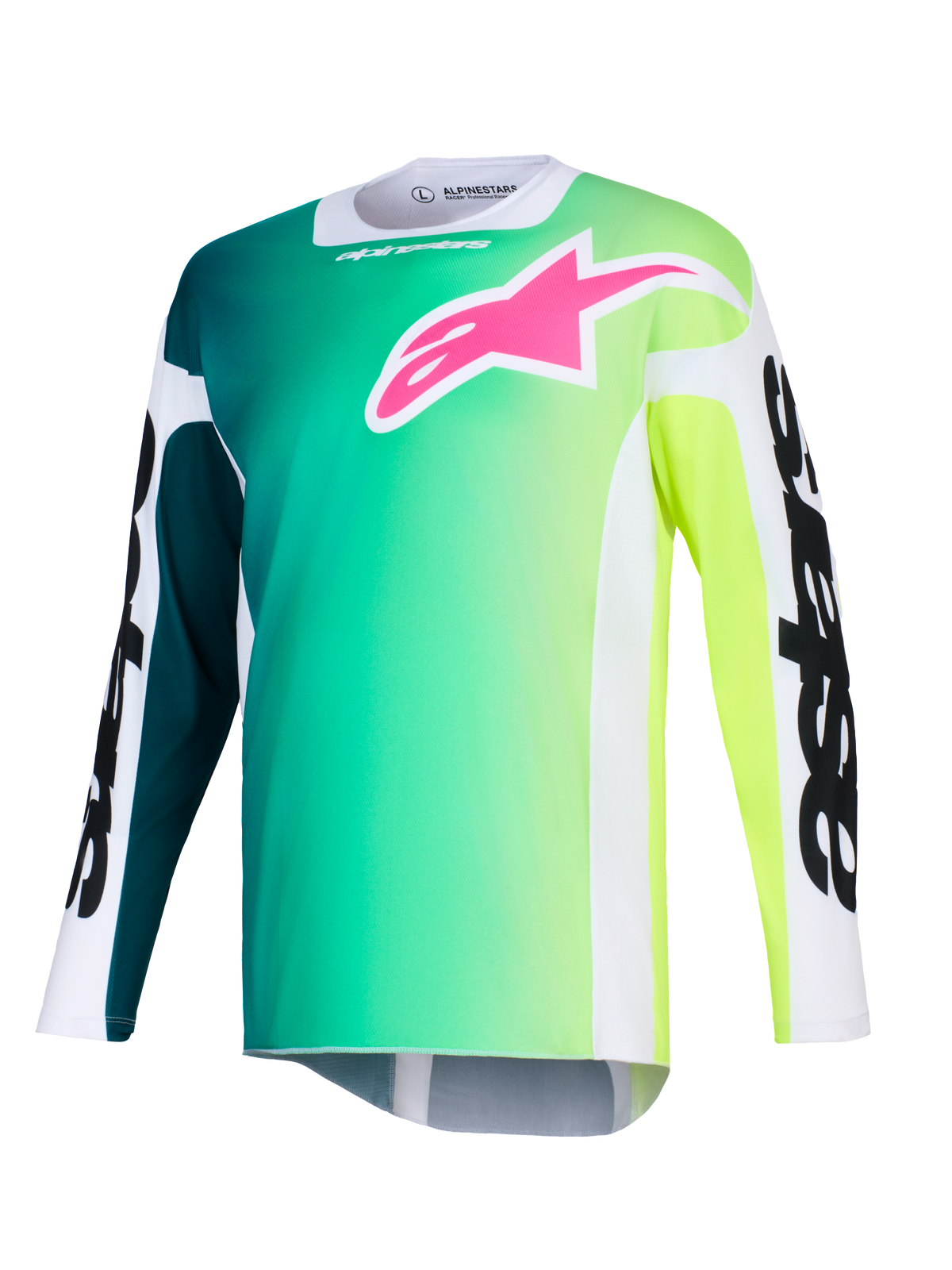 Alpinestars 2026 Racer Portl Jersey, maglia da motocross, sfumatura verde e gialla, vivace logo rosa sul petto, maniche bianche con vistosa scritta Alpinestars nera, tessuto tecnico leggero per la guida fuoristrada