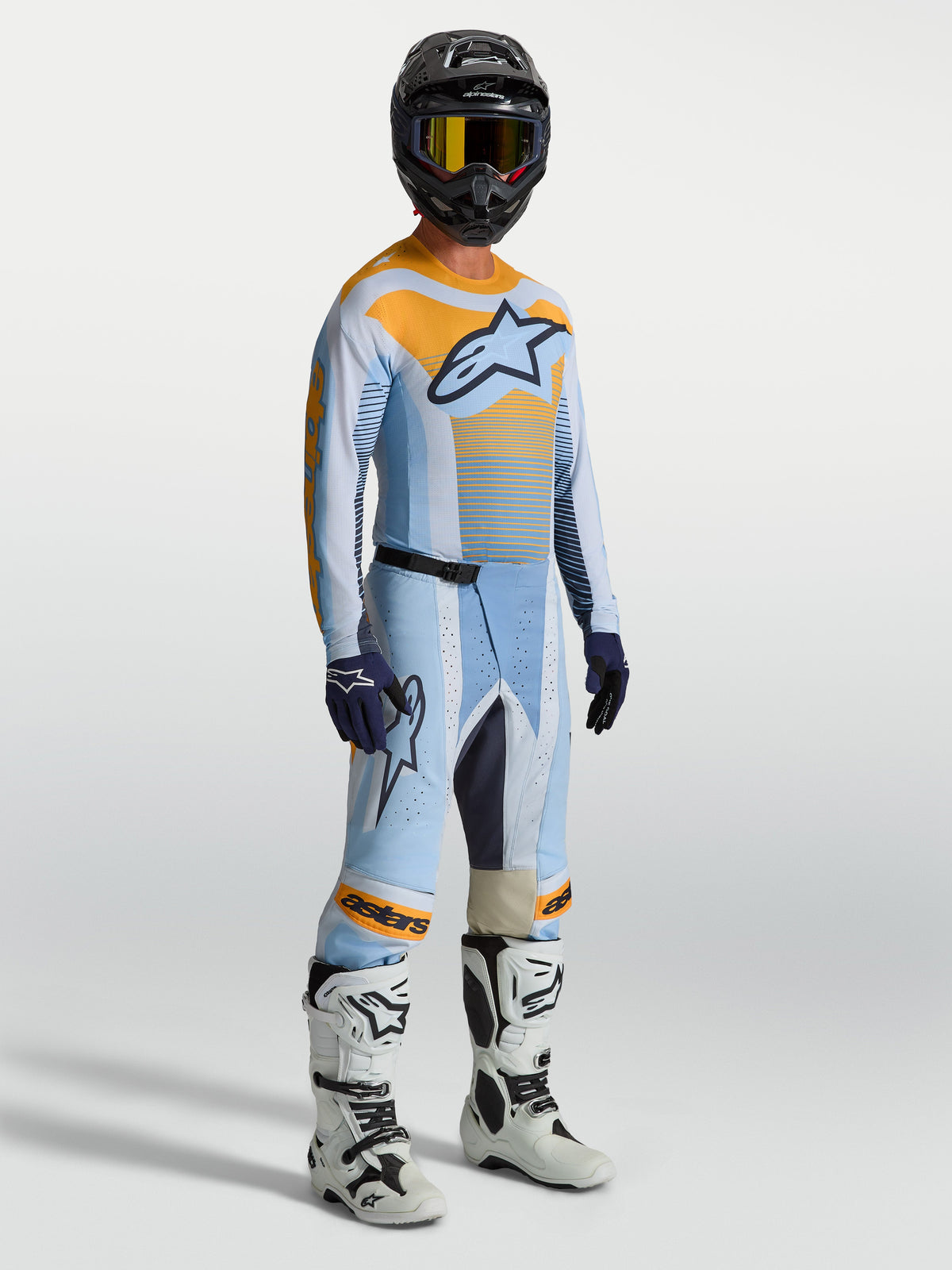 Alpinestars Maglia Techstar Maven e Techstar Maven Gear Set, completo motocross da uomo, blu polvere e arancione, race fit.