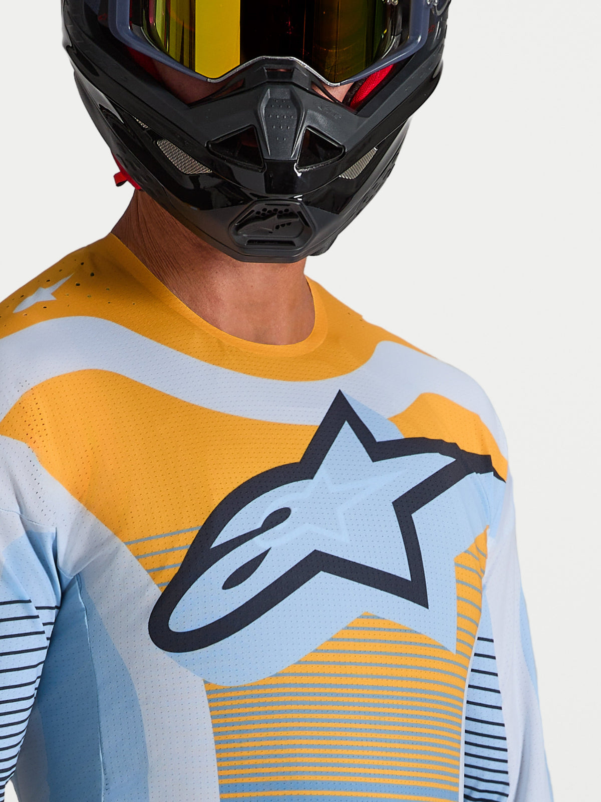 Alpinestars Maglia Techstar Maven, maglia da motocross racing da uomo, blu e arancione, con ventilazione laser.