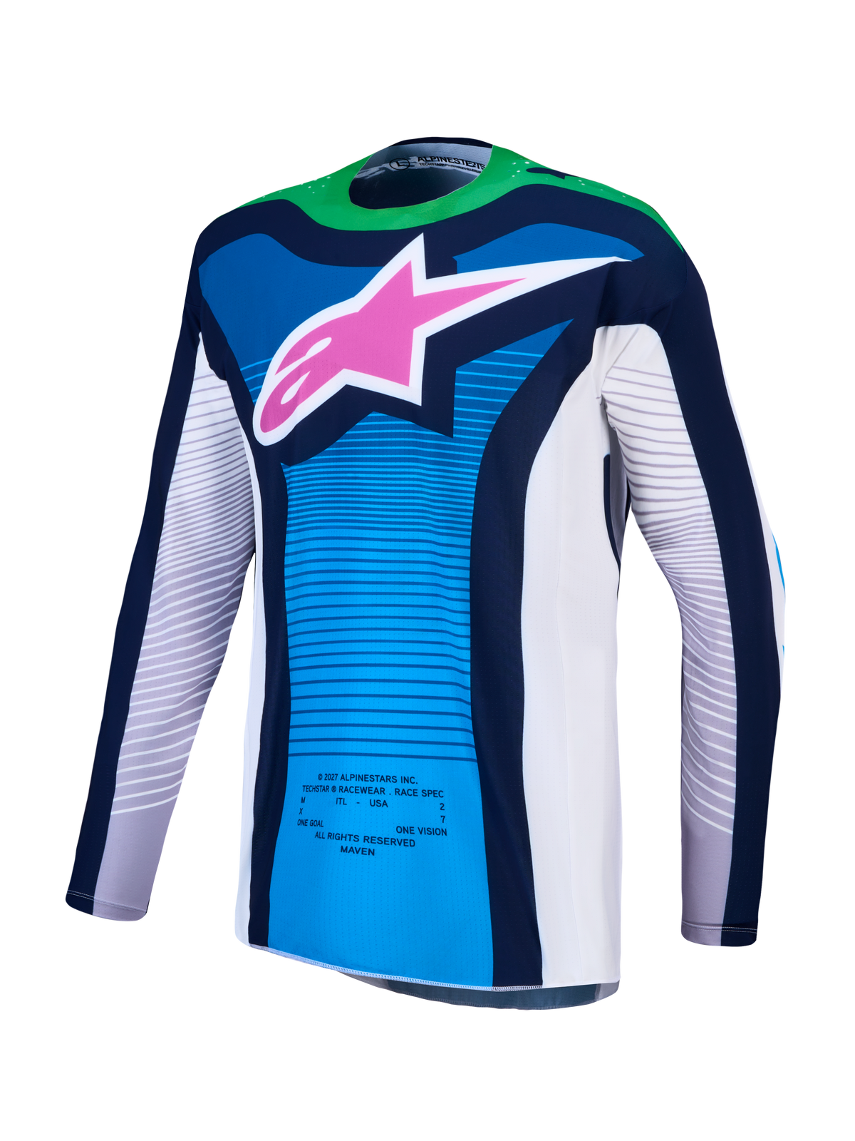 Alpinestars Techstar Maven Jersey, blithe blue and green fluo motocross jersey, featuring an athletic race fit, moisture-wicking stretch textile, and laser-cut ventilation.