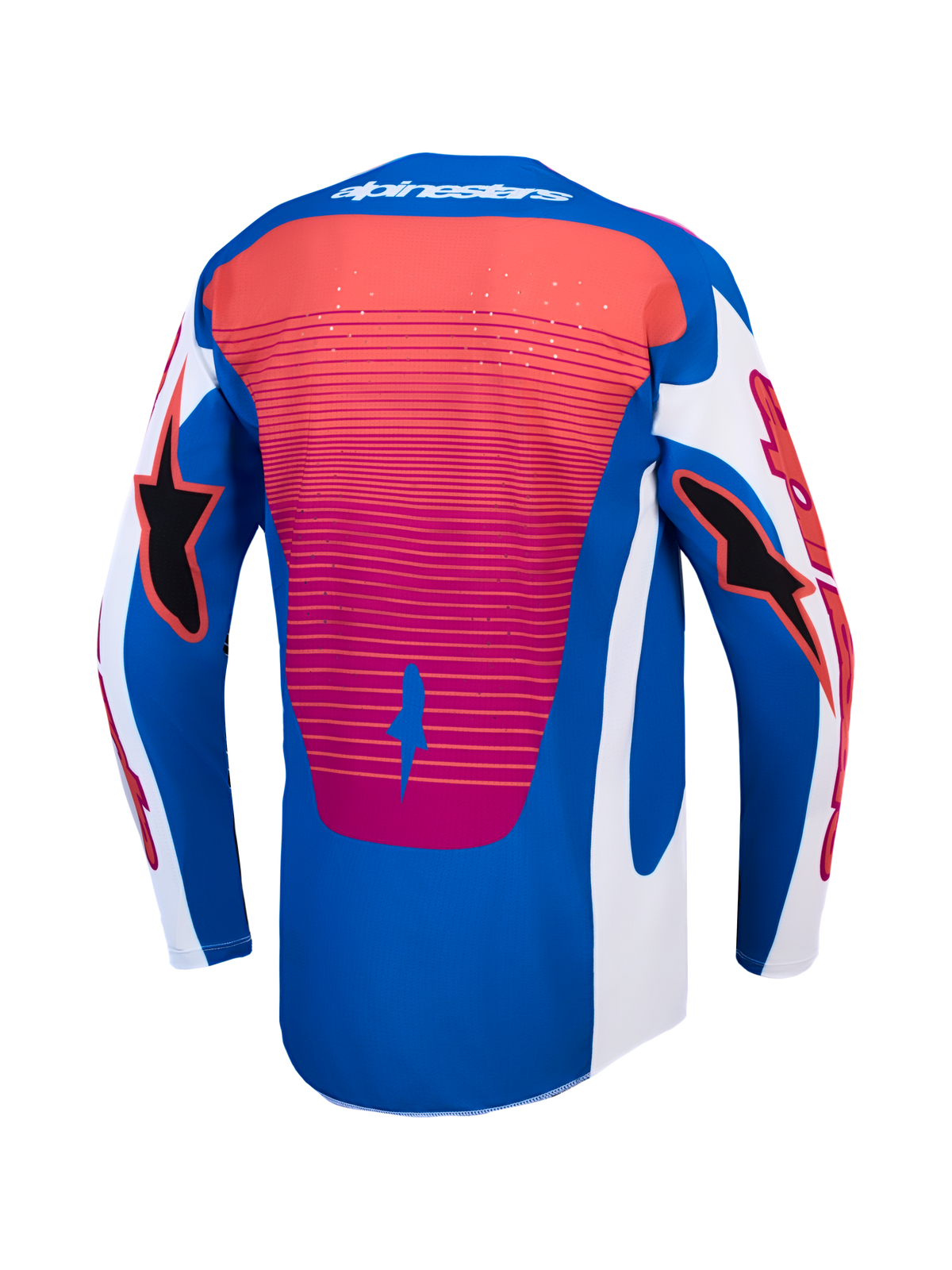 Alpinestars Maglia Techstar Maven, maglia da motocross blu e rossa, vista posteriore, ventilazione tagliata al laser e vestibilità atletica traspirante.