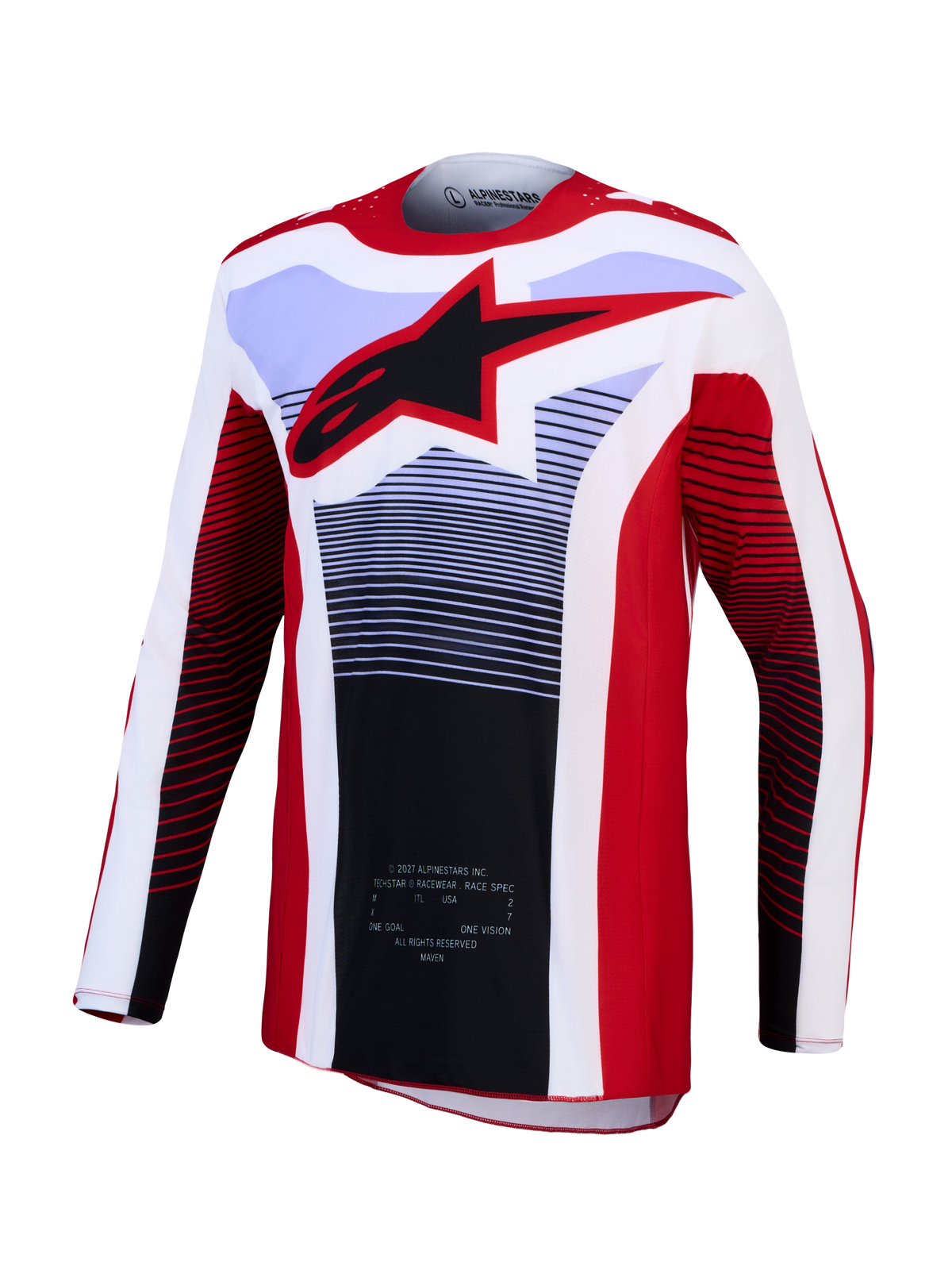Alpinestars Techstar Maven Jersey, Red and White Motocross Racing Jersey with Black Star Logo and Breathable Fabric.