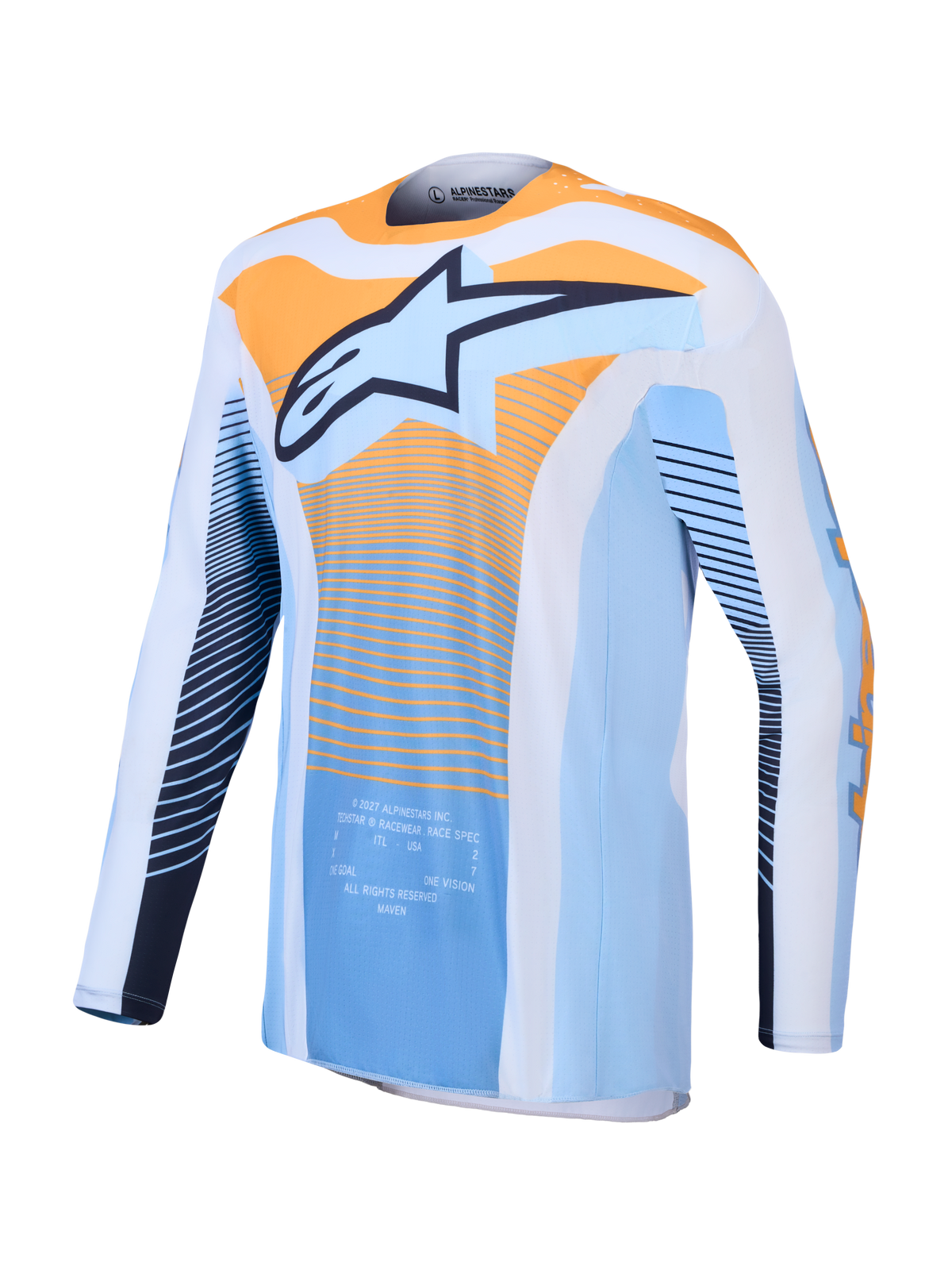 Alpinestars Techstar Maven Jersey, Dust Blue and Tangerine motocross racing jersey with moisture-wicking fabric and athletic fit.