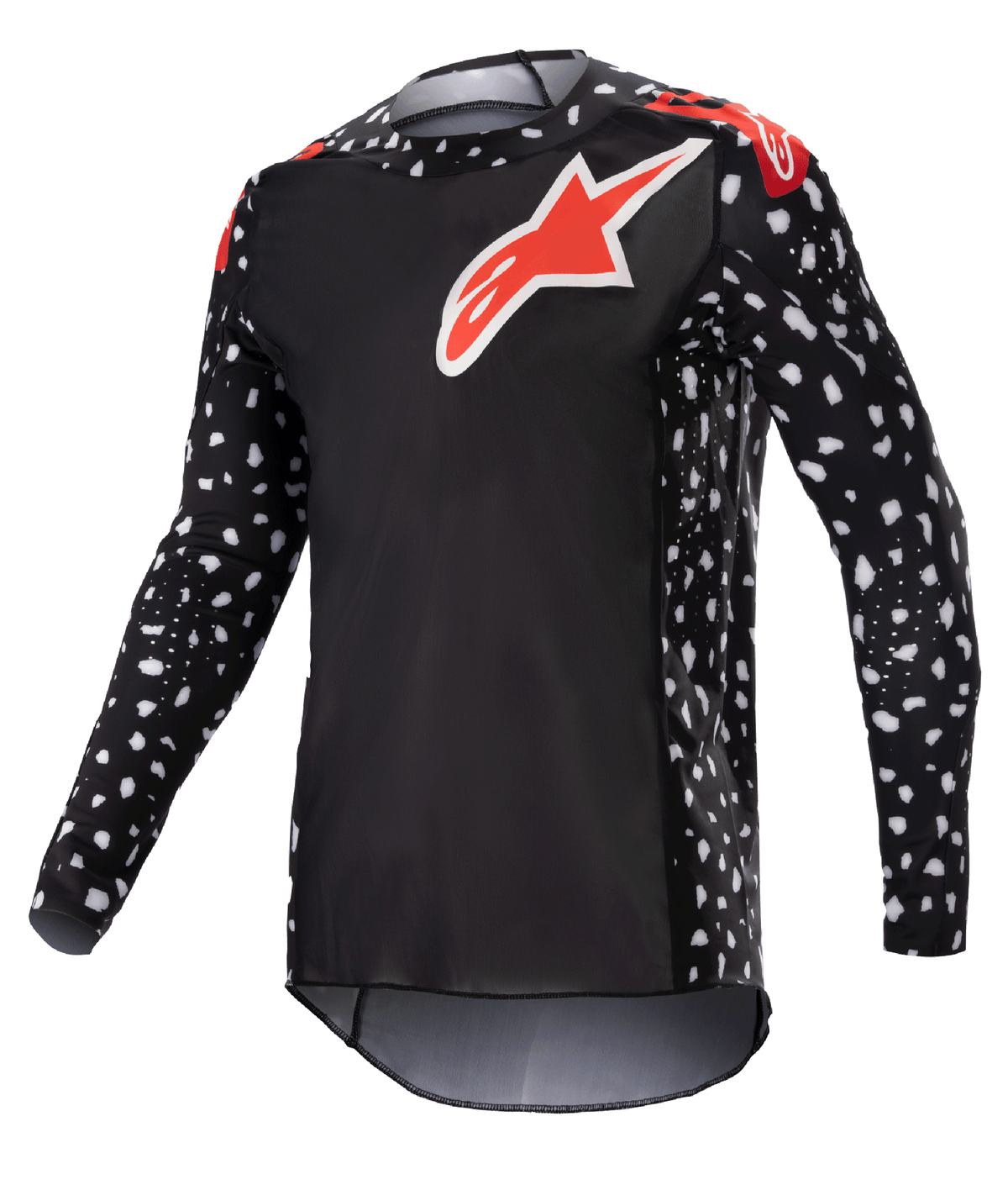 Alpinestars 2023 Supertech North Jersey, maglia da motocross, nero e rosso neon, maniche lunghe con motivo a puntini bianchi, loghi a stella rossi e bianchi su petto e spalle, rete tecnica leggera con vestibilità atletica da gara