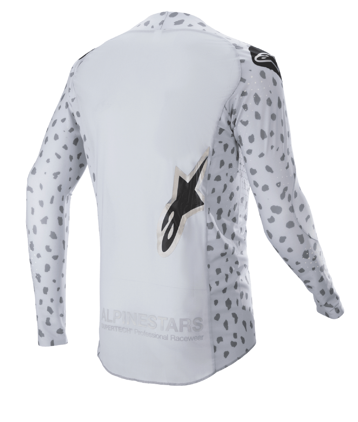 Alpinestars 2023 Supertech North Jersey, maglia da motocross, grigio Haze e nero, vista posteriore con motivo astratto a macchie su maniche e lati, grande logo a stella, pannello posteriore allungato e struttura traspirante ad alte prestazioni