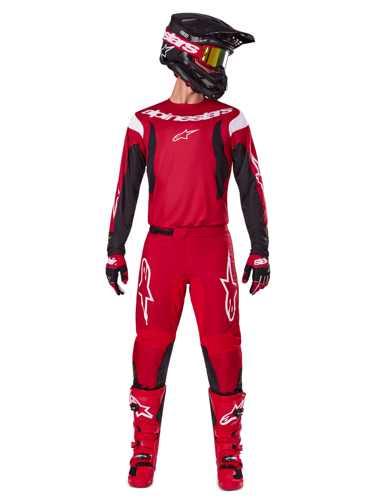 Alpinestars Completo Fluid Haul 2025, completo da motocross da uomo, rosso e nero, per guida fuoristrada.