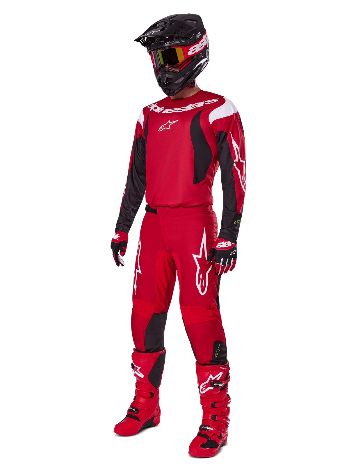 Alpinestars maglia e completo Fluid Haul 2025, abbigliamento motocross da uomo, rosso e nero, per prestazioni fuoristrada.