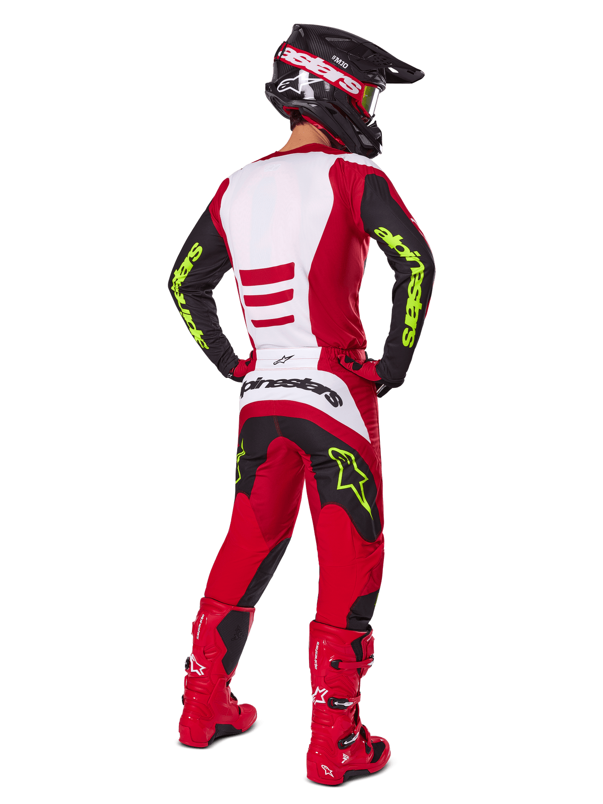 Alpinestars maglia e completo da motocross Fluid Haul 2025, rosso e nero con dettagli giallo neon, vista posteriore