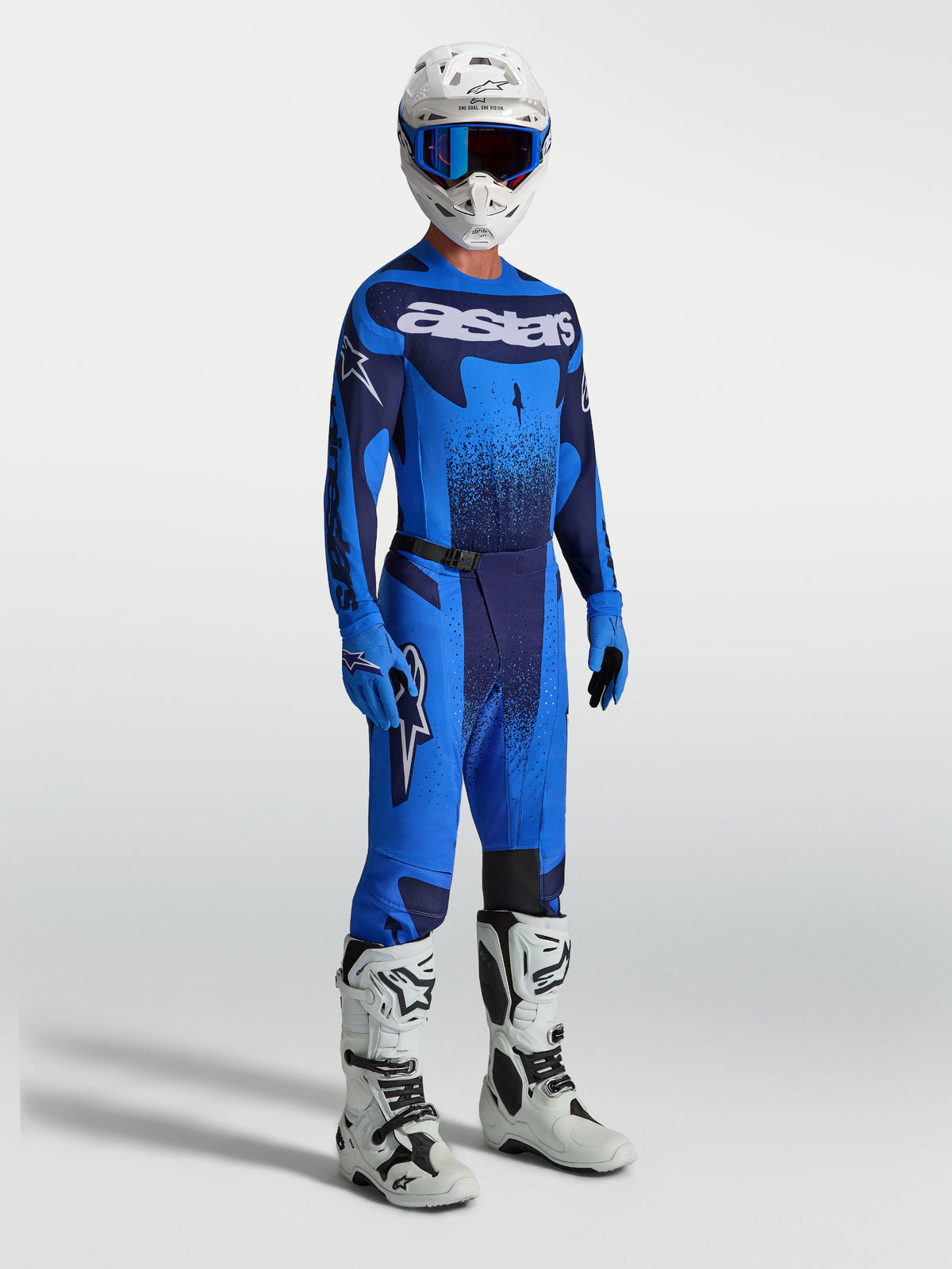 Alpinestars maglia Techstar Swan e Techstar Swan Gear Set, completo motocross da uomo, blu e bianco, per racing MX.
