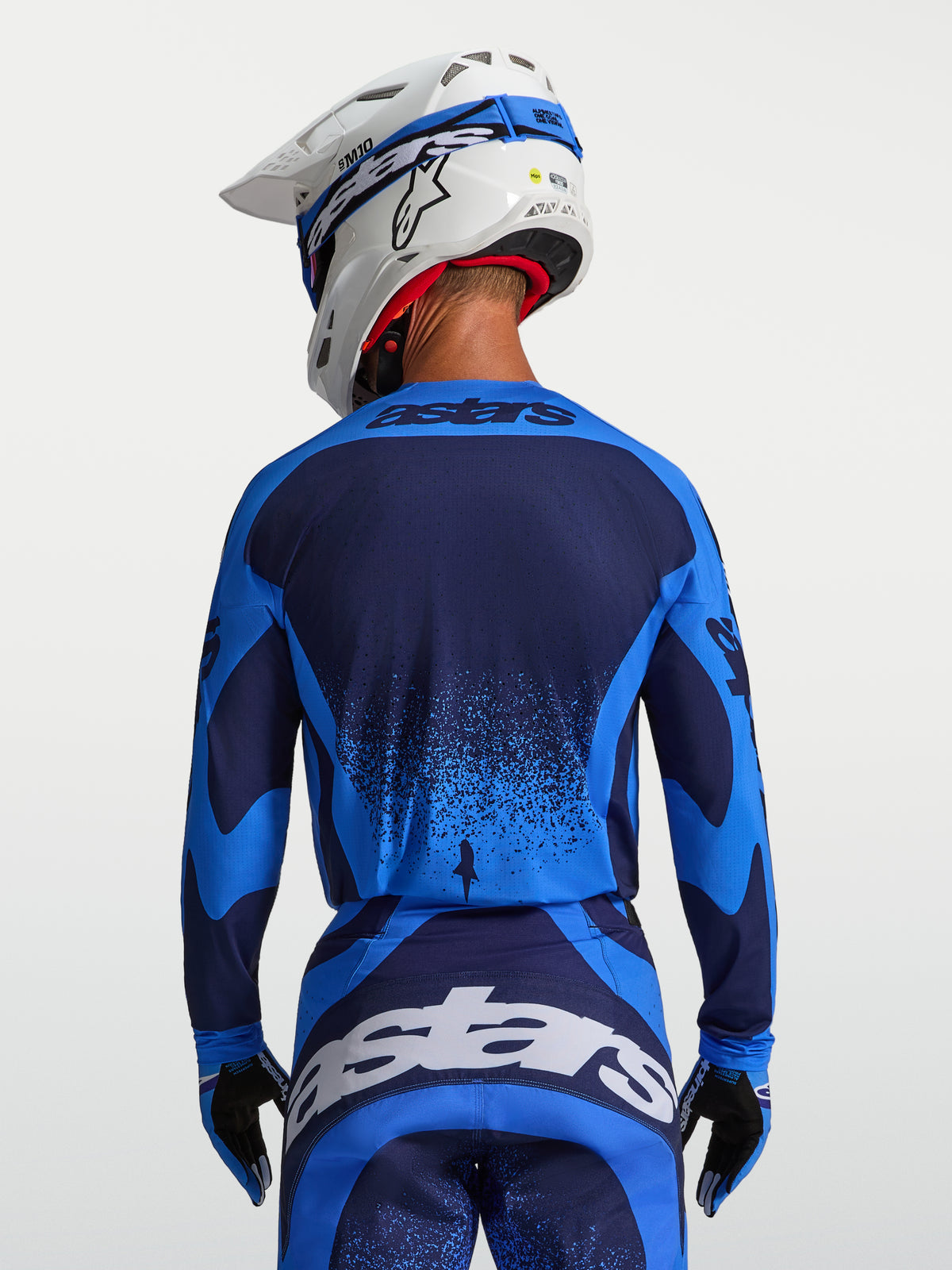Alpinestars maglia Techstar Swan, maglia motocross uomo, blu UCLA e blu profondo, vista posteriore, vestibilità racing.