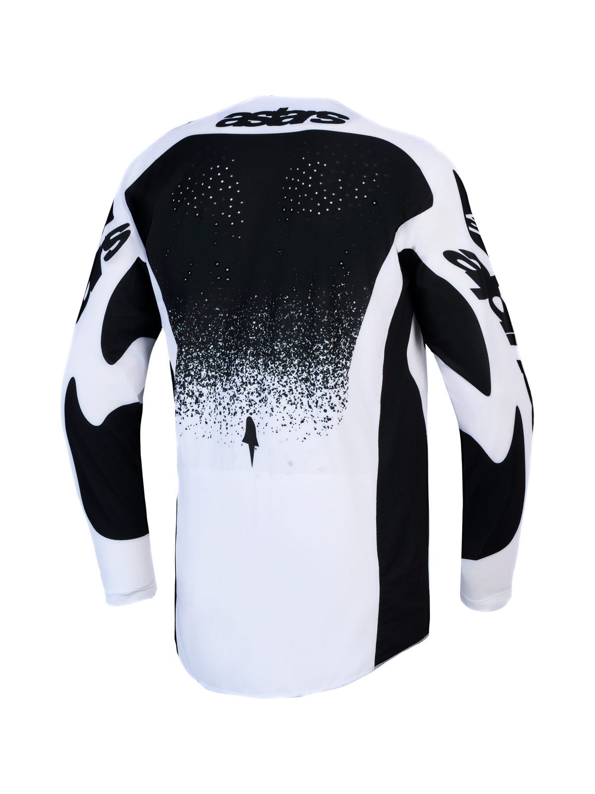 Alpinestars maglia Techstar Swan, maglia da motocross uomo, bianca e nera, ventilazione e orlo allungato sul retro.