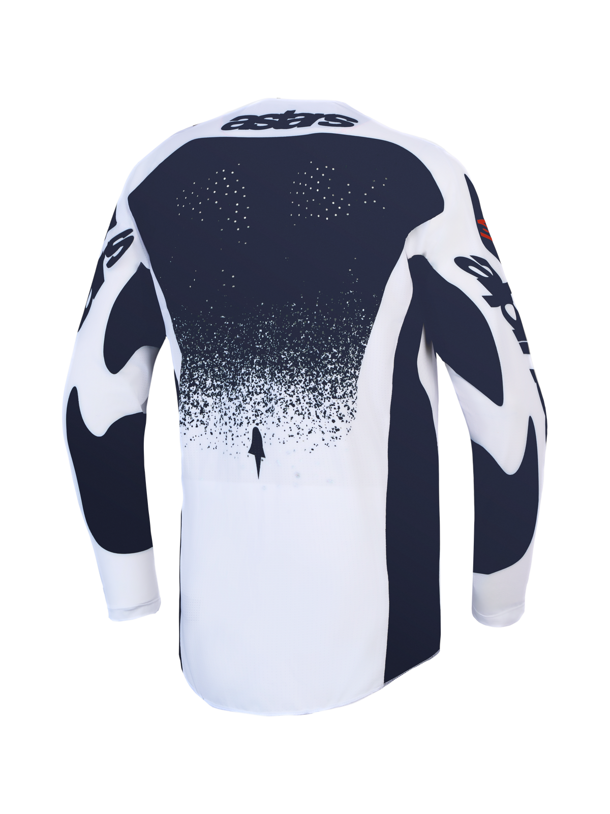Alpinestars Maglia Techstar Swan, maglia da motocross bianca e grigio scuro con perforazioni laser, vista posteriore.