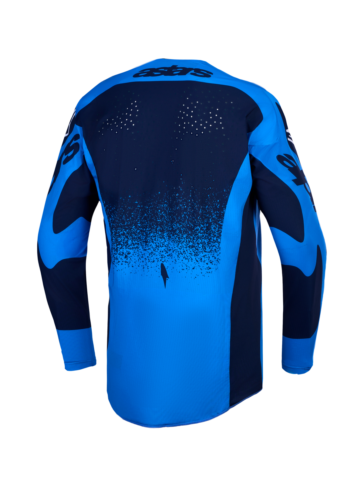 Alpinestars maglia Techstar Swan, maglia da motocross da uomo, blu e blu scuro, vista posteriore, perforazioni laser e bordo posteriore allungato, traspirante, fuoristrada