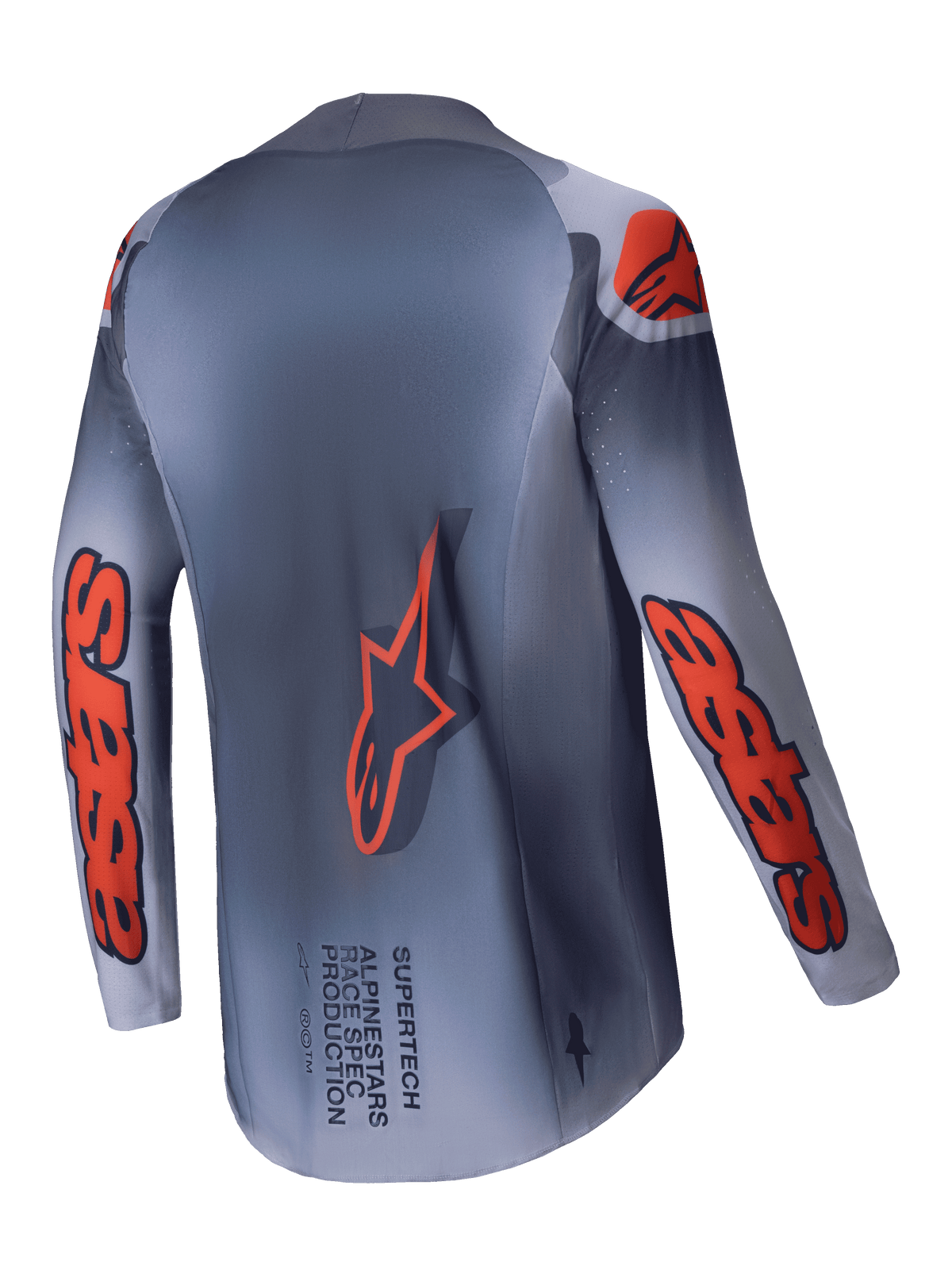 Maglia Supertech Lipan 2025, maglia da motocross da uomo, grigio e arancione fluo, vista posteriore con orlo posteriore esteso e dettagli del marchio