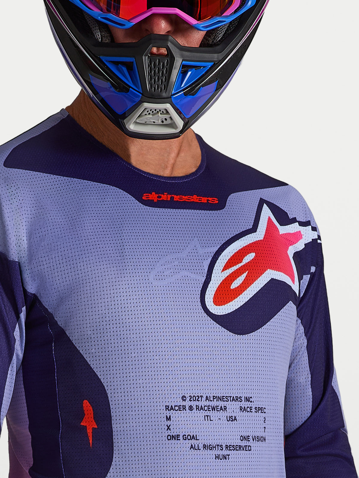 Alpinestars Maglia Racer Air Hunt, maglia da motocross in mesh viola e viola chiaro, traspirante per gare off-road.