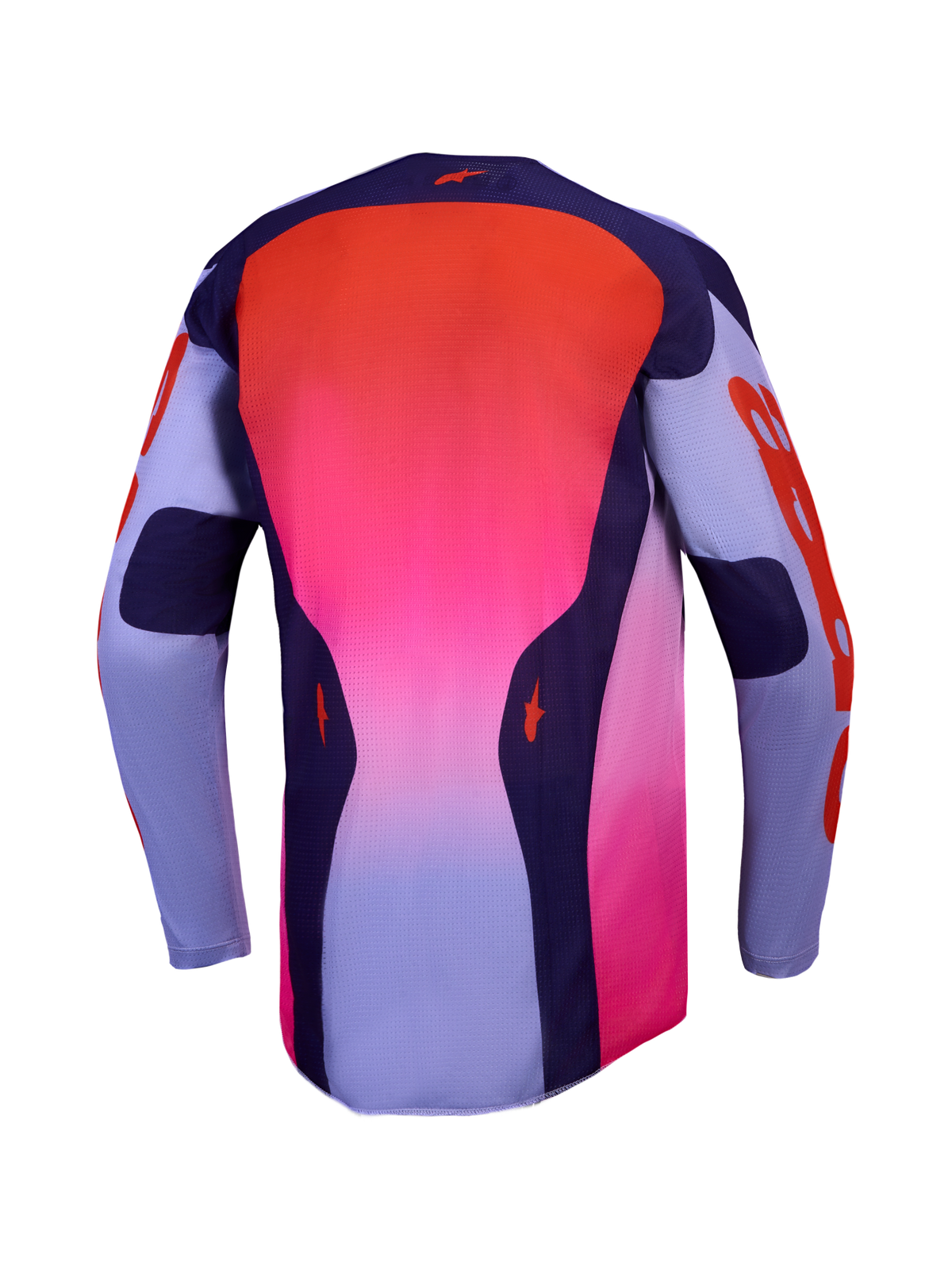 Alpinestars Maglia Racer Air Hunt, maglia da motocross racing da uomo, vista posteriore, viola e rosa fluo, in mesh traspirante per ventilazione ottimale.