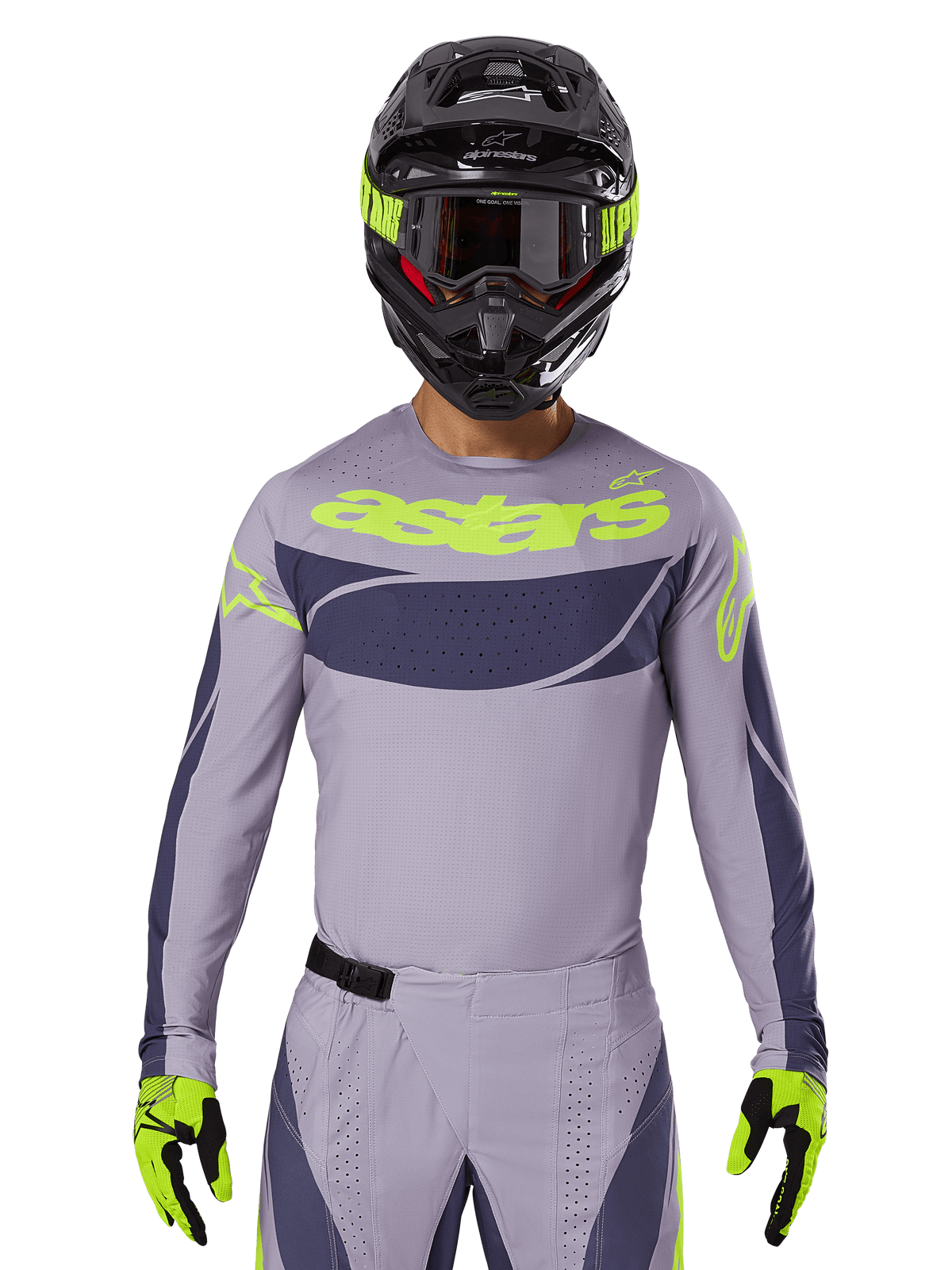 Maglia e set gear Techstar Dreem 2025, completo da gara motocross, grigio chiaro e grigio scuro con dettagli giallo neon, marchio 'astars', indossato con casco nero, occhiali e guanti coordinati, materiale tecnico traforato per prestazioni off-road