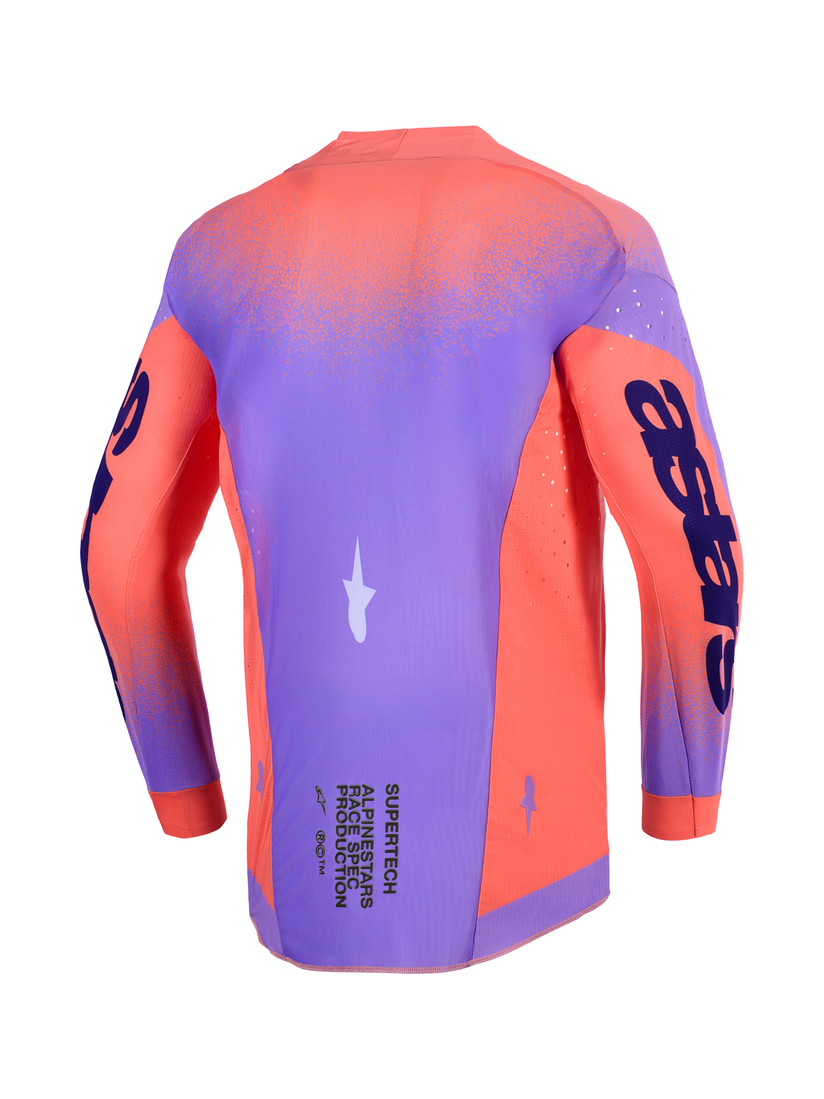 Alpinestars 2026 Supertech Scenz Jersey, maglia da motocross, Hot Coral e Purple, vista posteriore con telaio in mesh elasticizzato leggero, perforazioni laser per la ventilazione e branding evidente sulle maniche e sulla parte inferiore della schiena.