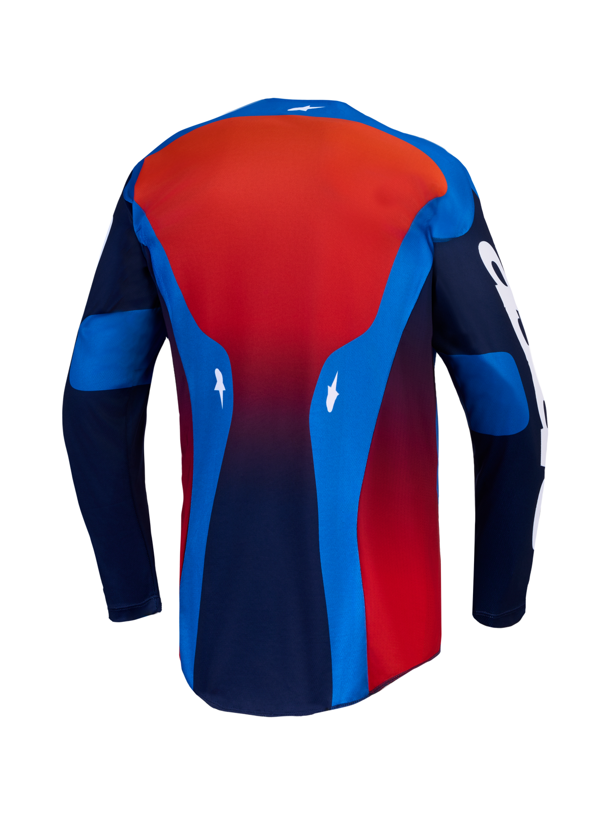 Alpinestars Racer Hunt Jersey, maglia da motocross da uomo, vista posteriore, blu e rosso, tessuto tecnico traspirante con orlo posteriore allungato