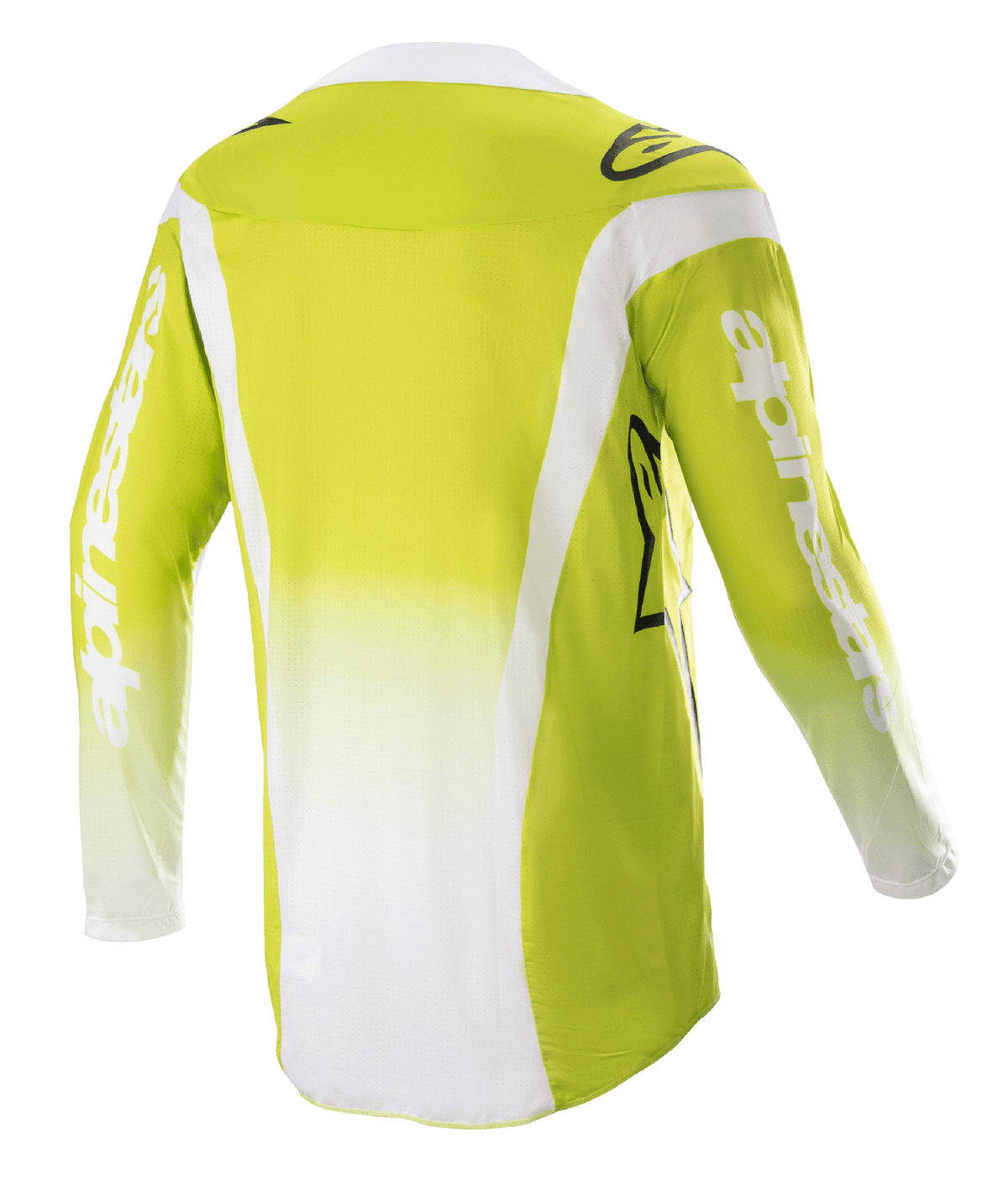 Alpinestars Techstar Push Jersey 2023, vista posteriore, giallo fluo e bianco, maglia da motocross a maniche lunghe con pannelli laterali bianchi e loghi sulle maniche, abbigliamento tecnico da fuoristrada