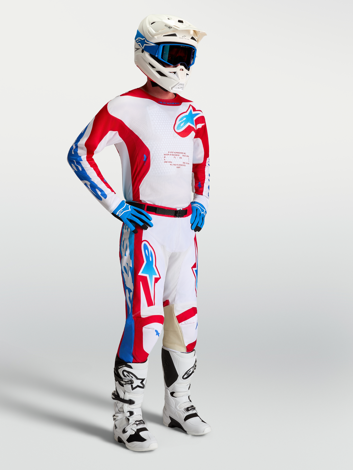 Alpinestars Racer Hunt Gear Set, completo motocross da uomo bianco e rosso, per performance fuoristrada.