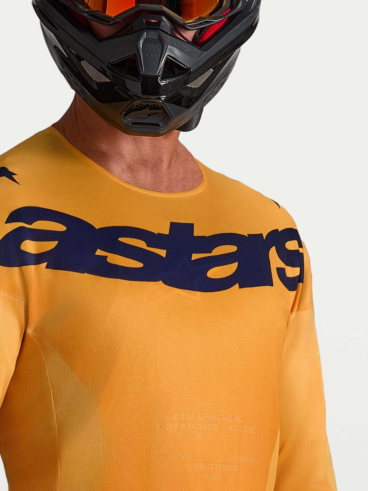 Alpinestars Maglia Racer Amber, maglia da motocross uomo, arancione e blu scuro, con logo Astars e tessuto traspirante.