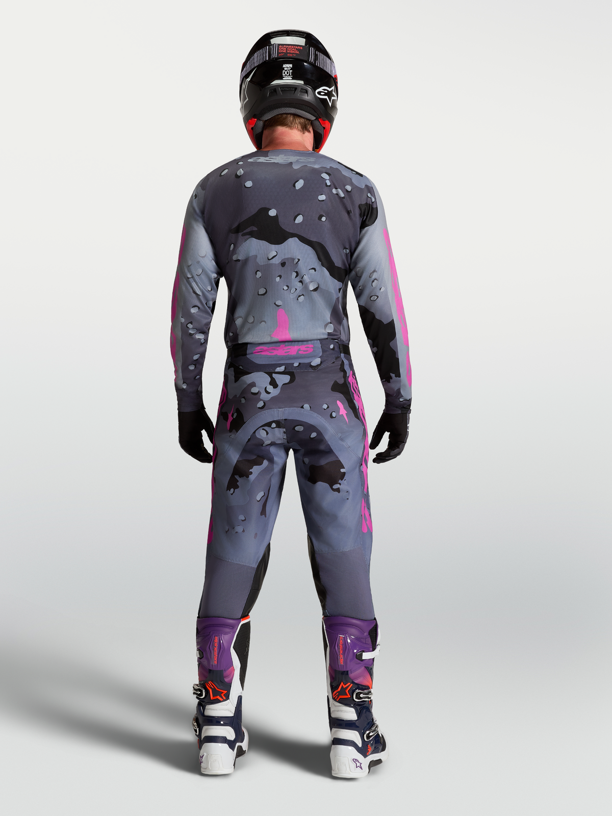 Alpinestars Pantaloni Racer Lone, pantaloni da motocross da uomo, grigio camouflage e viola, vista posteriore