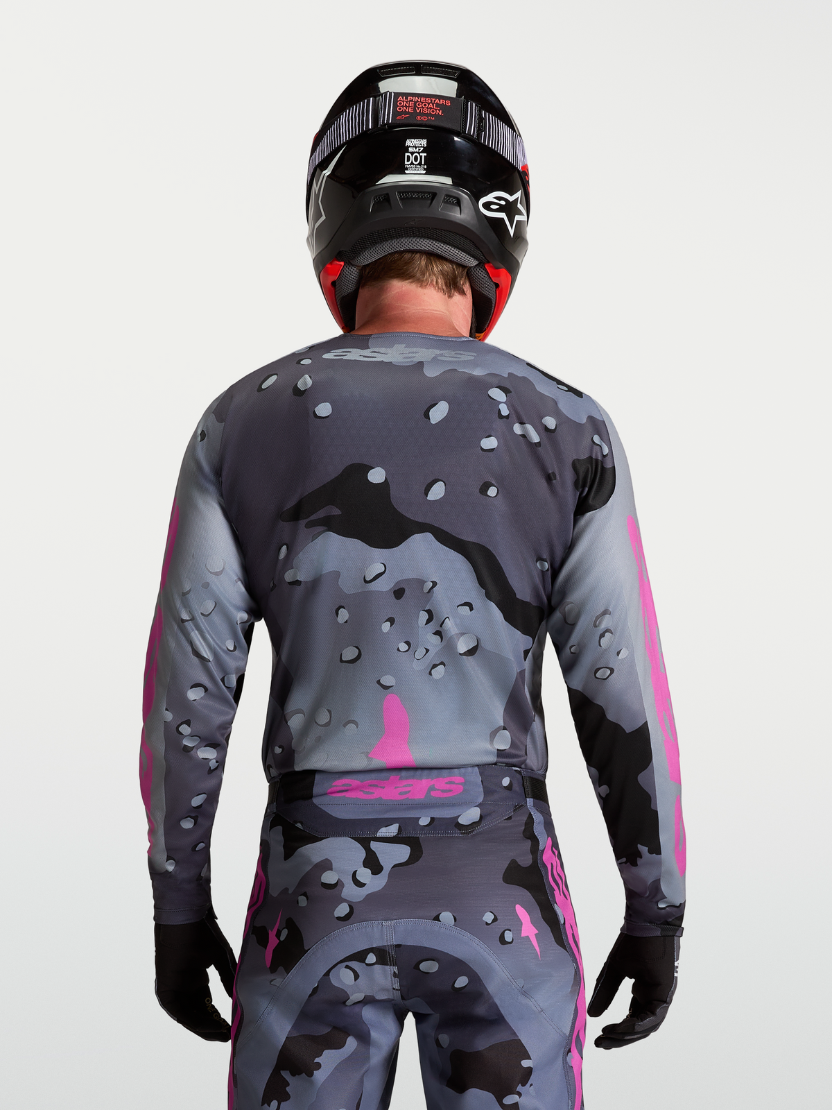 Alpinestars Maglia Racer Lone, maglia da motocross da uomo, grigio camo e viola, vista posteriore, in poliestere tecnico traspirante per off-road