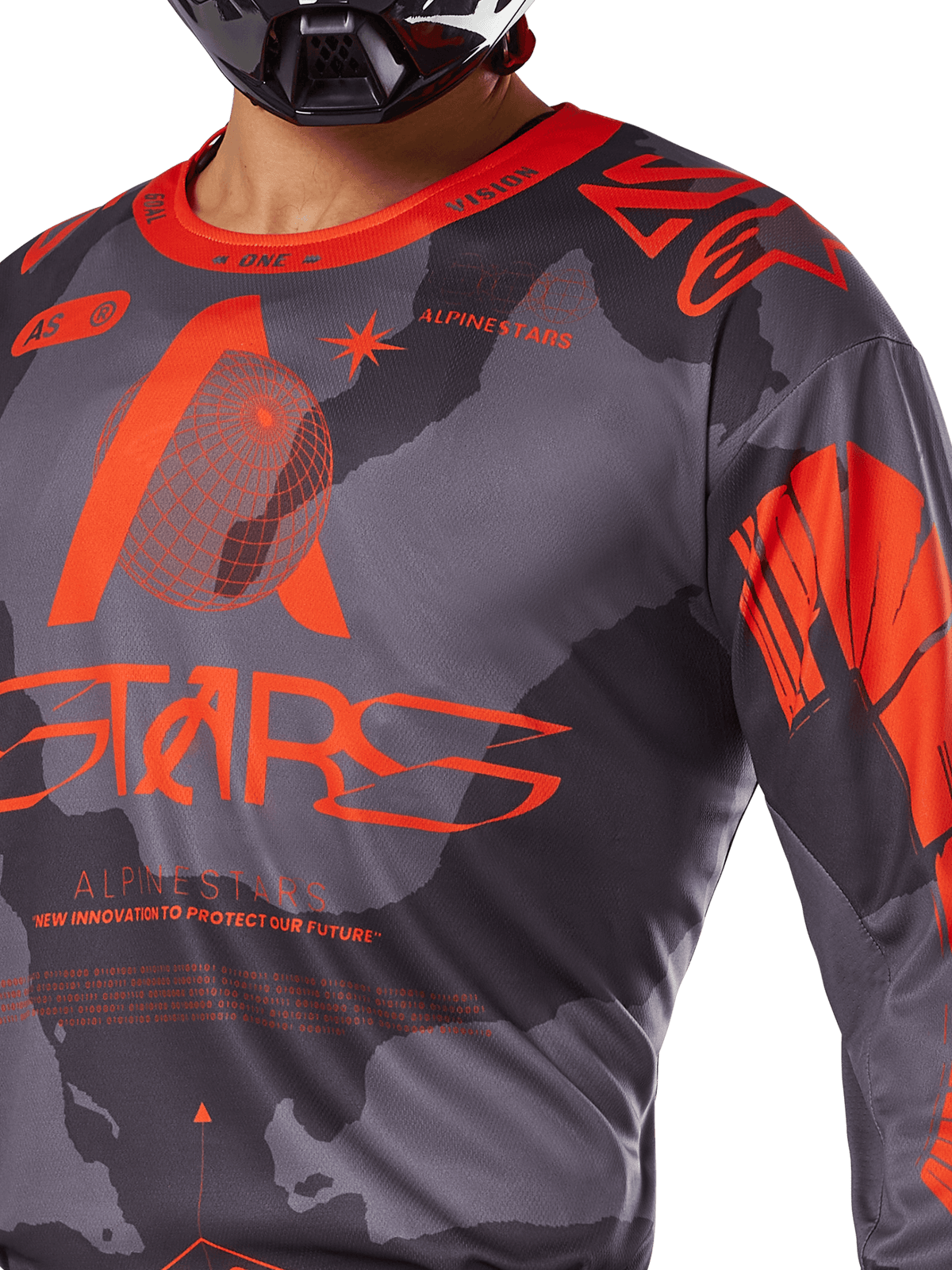 Alpinestars Racer Hollow Jersey 2025, maglia da motocross, grigio camo e arancione fluo, con grande marchio Alpinestars arancione e grafiche tecniche, collo a girocollo, progettata per prestazioni off-road