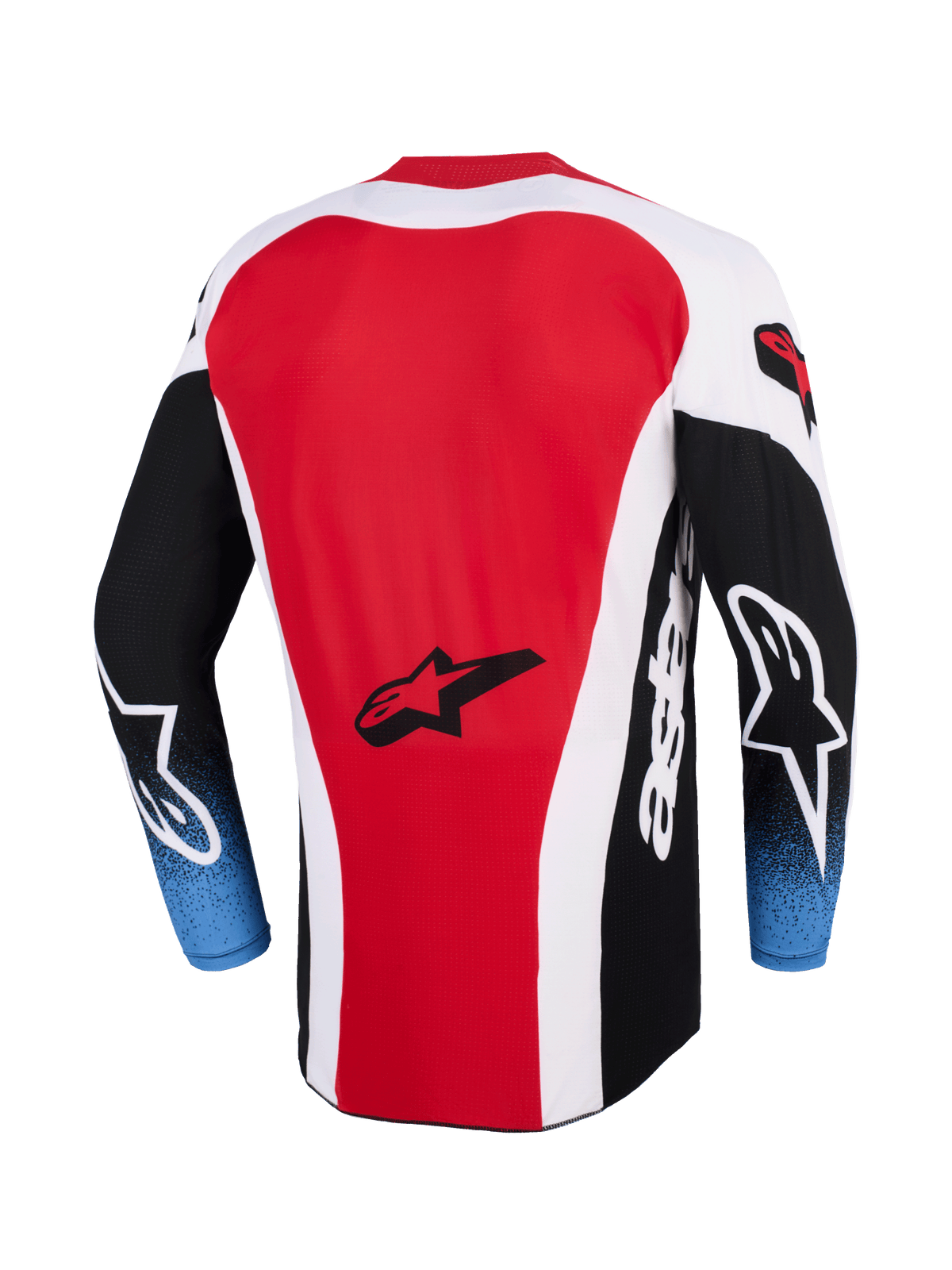Alpinestars Techstar Knif Jersey 2026, maglia da motocross, rossa, bianca e nera con maniche a sfumatura blu, vista posteriore che mostra il logo a stella Alpinestars, profilo posteriore allungato, vestibilità atletica da gara per il fuoristrada