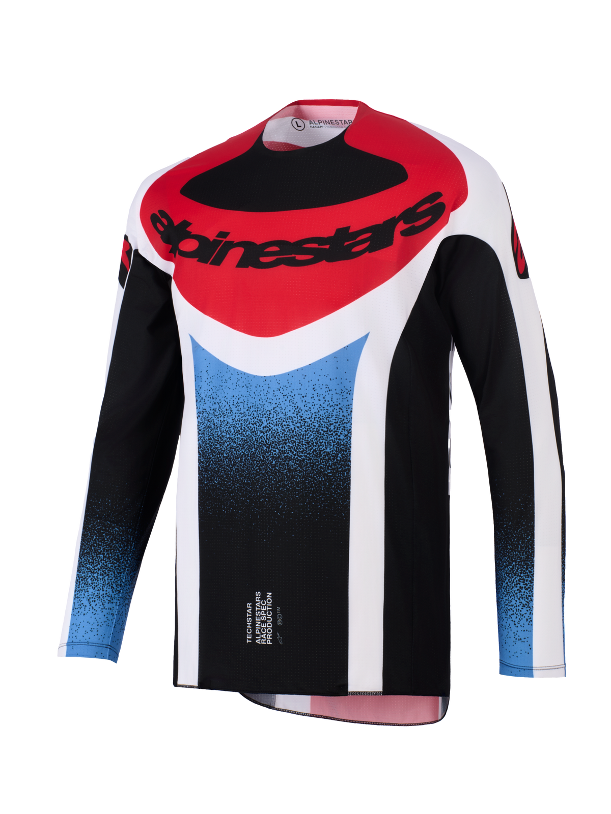 Alpinestars 2026 Techstar Knif Jersey, maglia da motocross, sfumatura nera, bianca, rossa e blu, vestibilità atletica da gara, abbigliamento tecnico a maniche lunghe con vistoso logo Alpinestars sul petto.