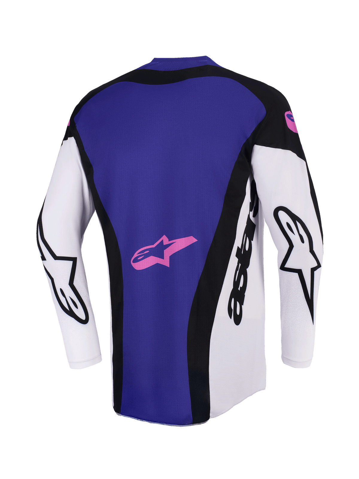Alpinestars Techstar Knif Jersey 2026, maglia da motocross, nero, grigio chiaro e viola, vista posteriore che mostra un ampio pannello posteriore viola con logo a stella rosa, maniche bianche con marchio Alpinestars nero, vestibilità atletica da gara