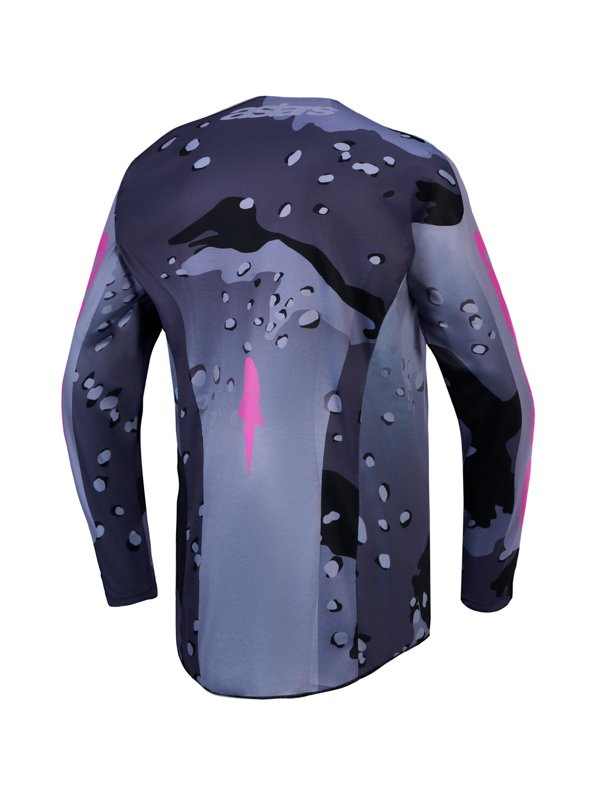 Alpinestars Maglia Racer Lone, maglia motocross da uomo, grigio e viola camo, poliestere traspirante, vista posteriore.