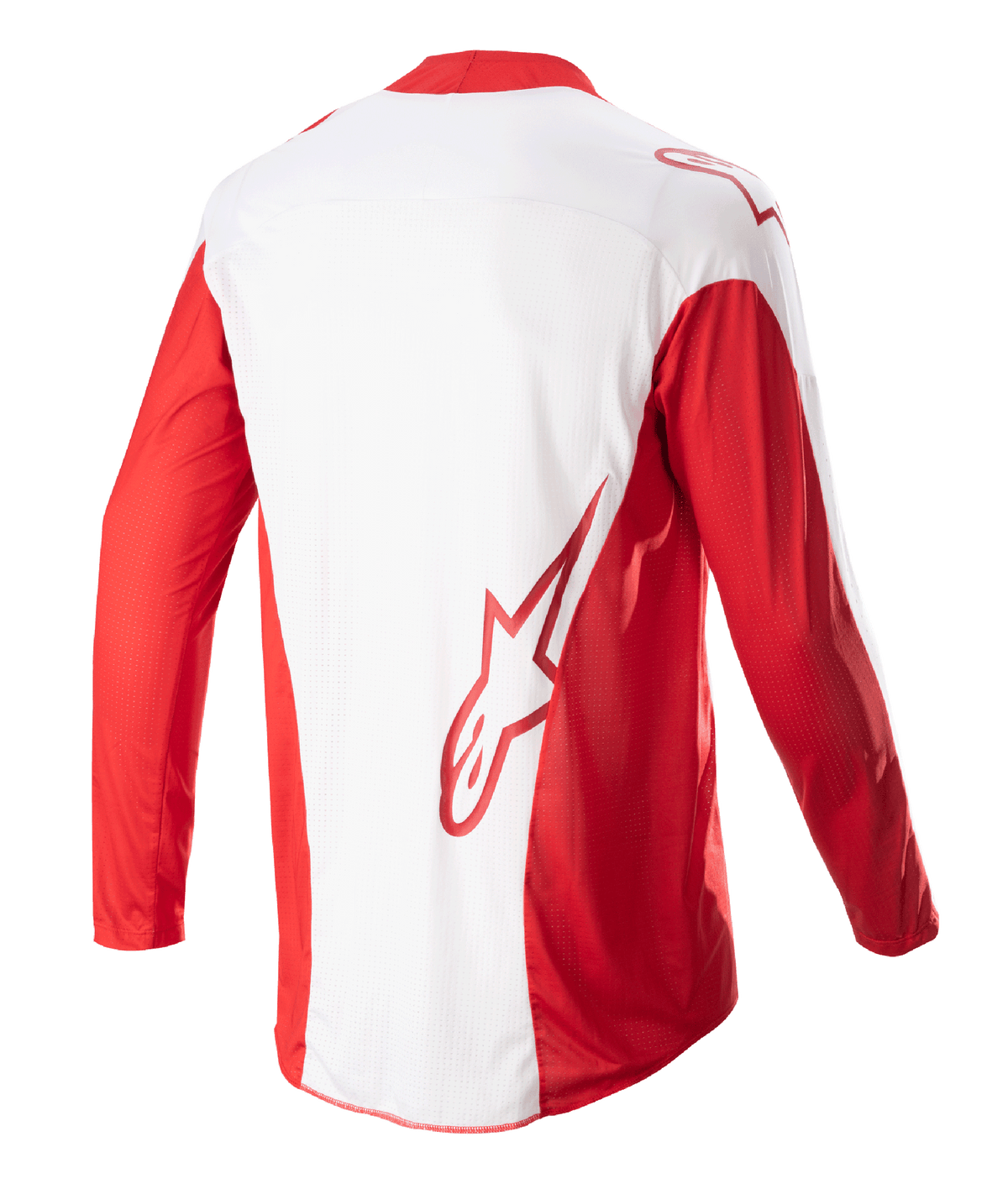 Alpinestars Maglia Techstar Arch 2023, maglia da motocross, rosso marte e bianco, vista posteriore con pannello centrale bianco e maniche lunghe rosse, logo Astars rosso sulla parte inferiore della schiena, pannelli di ventilazione in mesh e parte posteriore allungata per copertura nel racing fuoristrada.