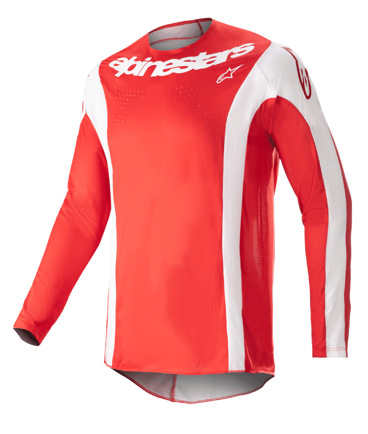 Alpinestars Techstar Arch Jersey 2023, maglia da motocross, rosso Marte e bianco, scritta Alpinestars bianca sul petto, tessuto tecnico traforato, maniche lunghe con dettagli bianchi, design sportivo per corse fuoristrada