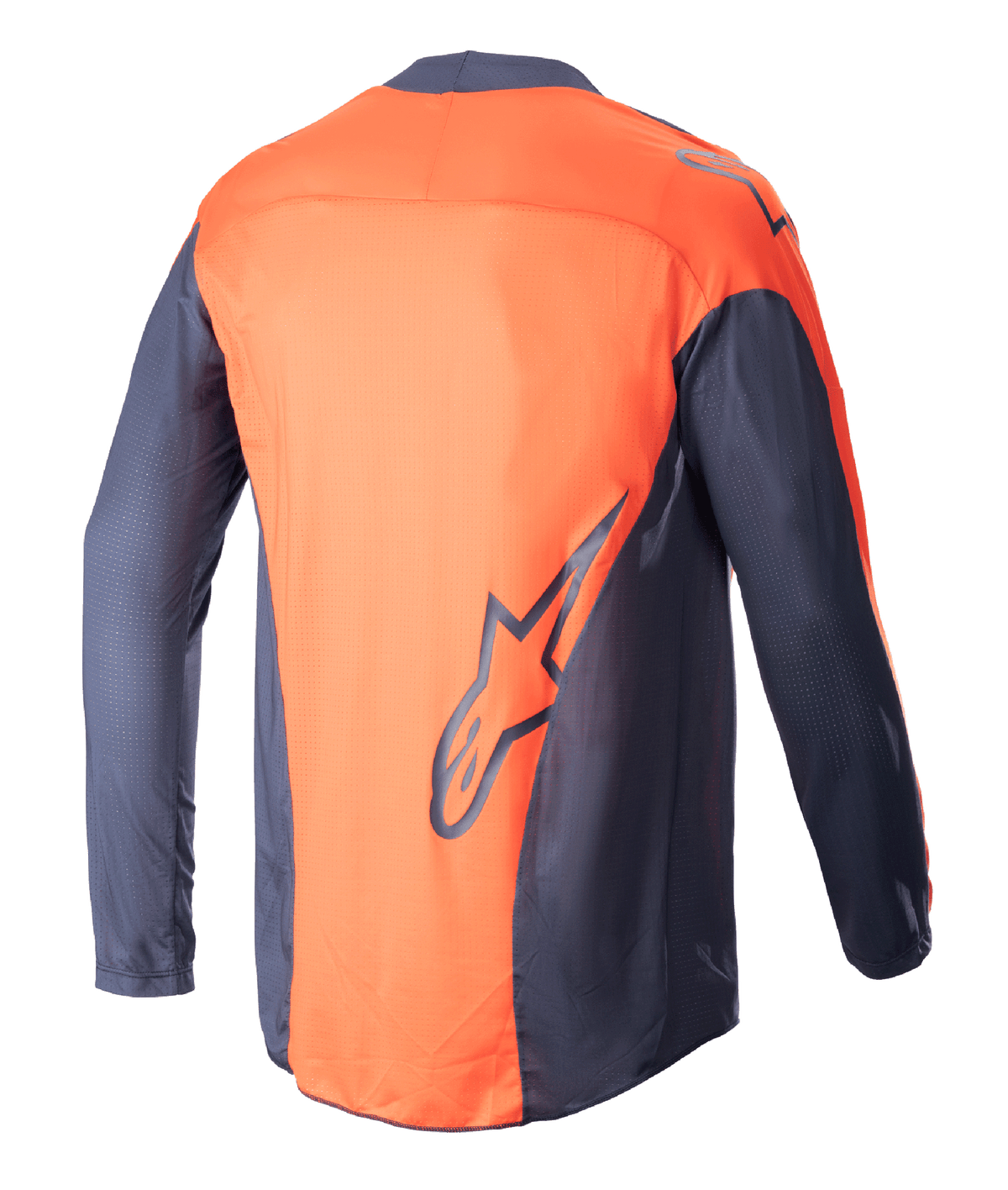 Alpinestars Techstar Arch Jersey 2023, maglia da motocross, blu notte e arancione acceso, vista posteriore, costruzione in mesh leggera, con un grande logo Alpinestars sulla parte inferiore della schiena, parte posteriore allungata per una maggiore copertura