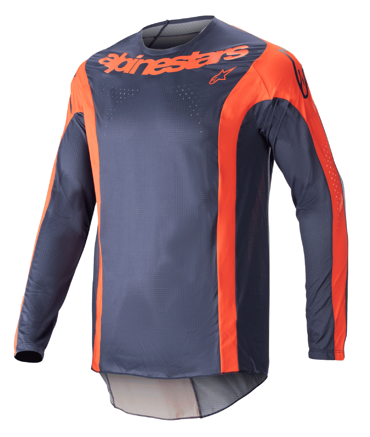 Alpinestars Maglia Techstar Arch 2023, maglia da motocross a maniche lunghe, blu notte e arancione acceso, con accenti arancioni verticali e marchio sul petto, tessuto mesh leggero per prestazioni fuoristrada