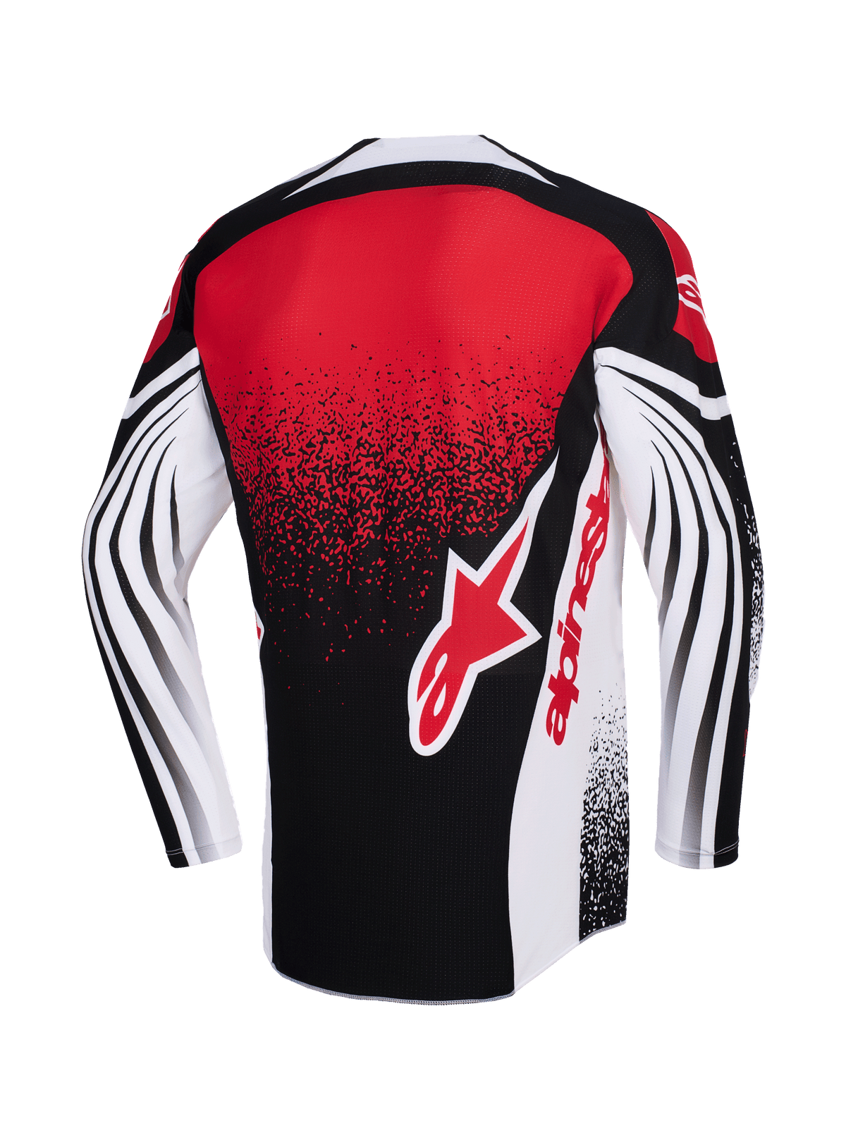 Alpinestars 2026 Techstar Nomur Jersey, maglia da motocross, nero, bianco e rosso, vista posteriore con un grande logo Alpinestars rosso, effetto sfumato punteggiato e motivi curvi dinamici sulle maniche lunghe, abbigliamento racing ad alte prestazioni