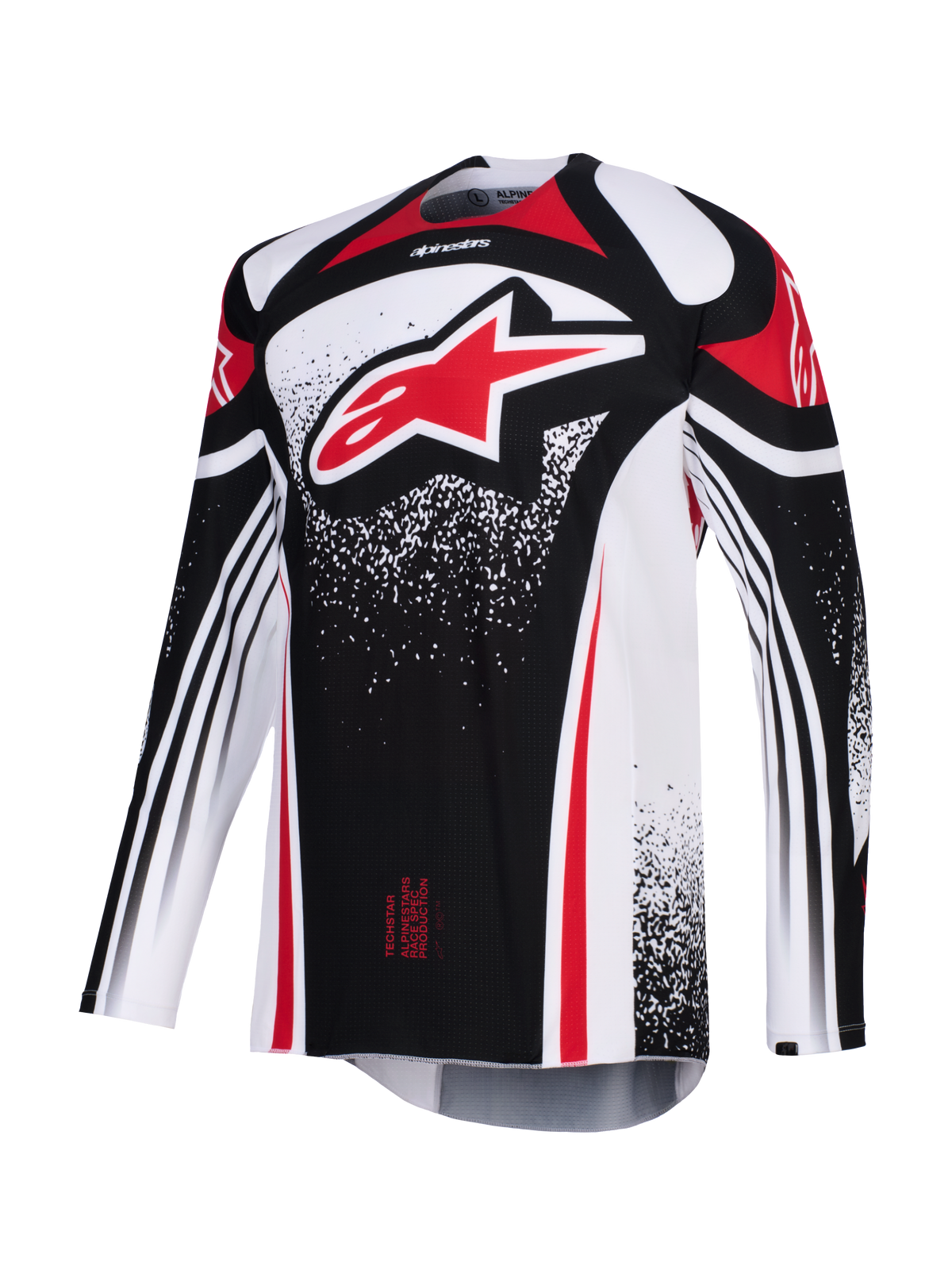 Alpinestars Techstar Nomur Jersey 2026, maglia da motocross, nero, bianco e rosso, con un grande logo Astars rosso sul petto, grafiche puntinate, maniche lunghe e vestibilità atletica da gara per competizioni off-road ad alte prestazioni.