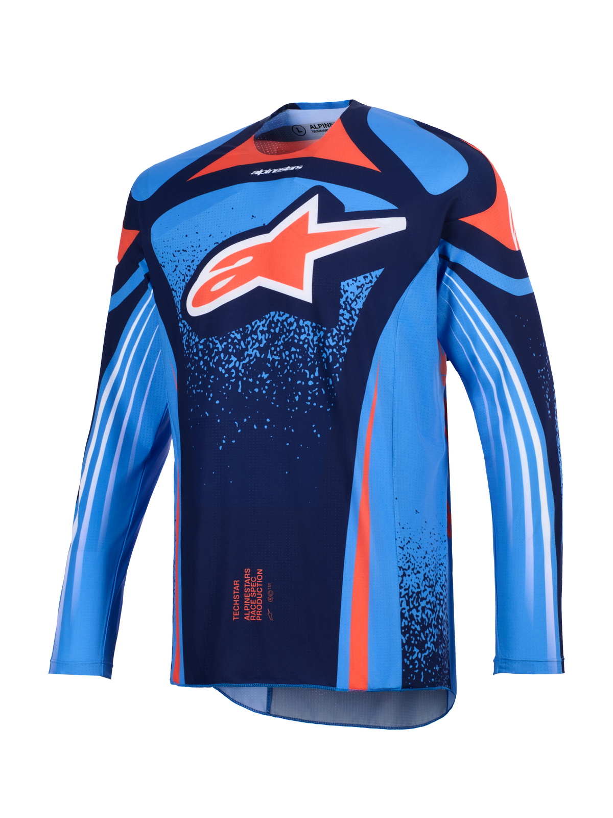 Alpinestars Maglia Techstar Nomur 2026, maglia da motocross, blu scuro e azzurro UCLA con accenti arancioni, grande logo Astars bianco sul petto e strisce diagonali sulle maniche lunghe, vestibilità atletica per prestazioni off-road