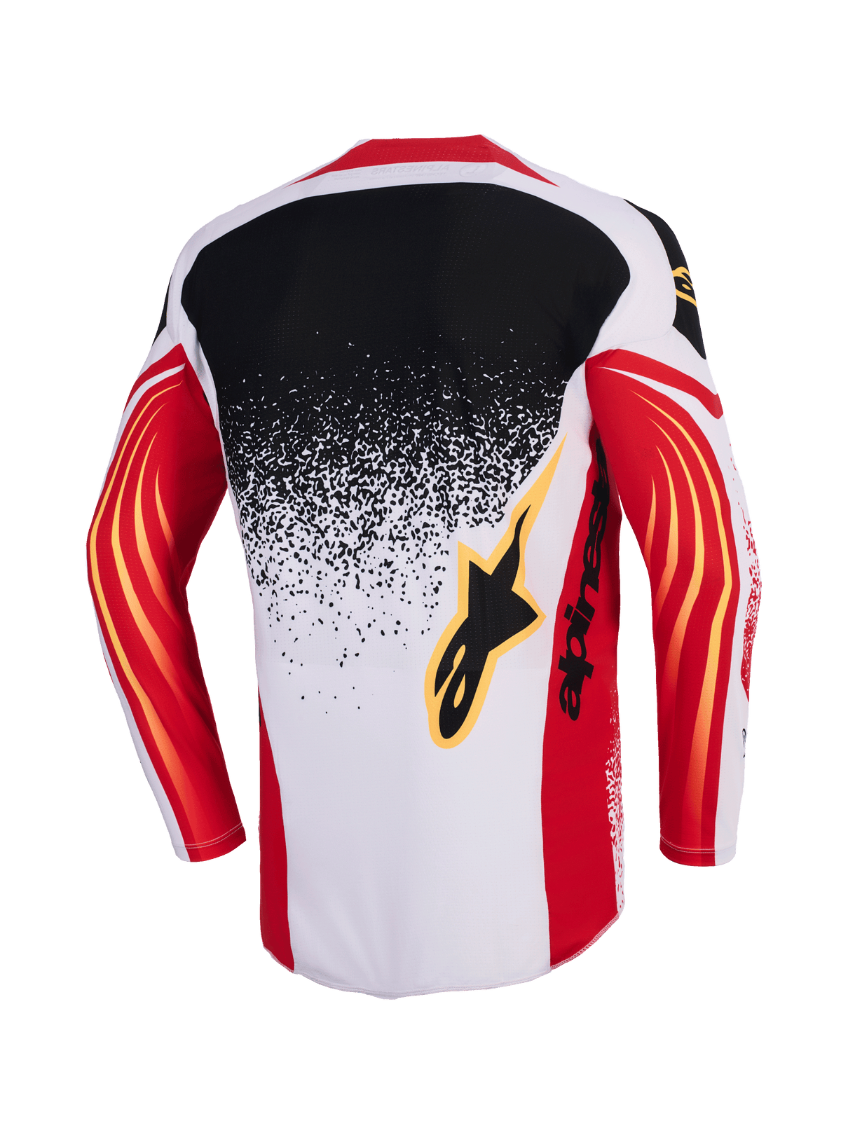 Alpinestars 2026 Techstar Nomur Jersey, maglia da motocross, grigio chiaro rosso e nero, vista posteriore con design a macchie sfumate dal nero al grigio chiaro, maniche rosse con accenti curvi gialli e logo Alpinestars nero sul retro.