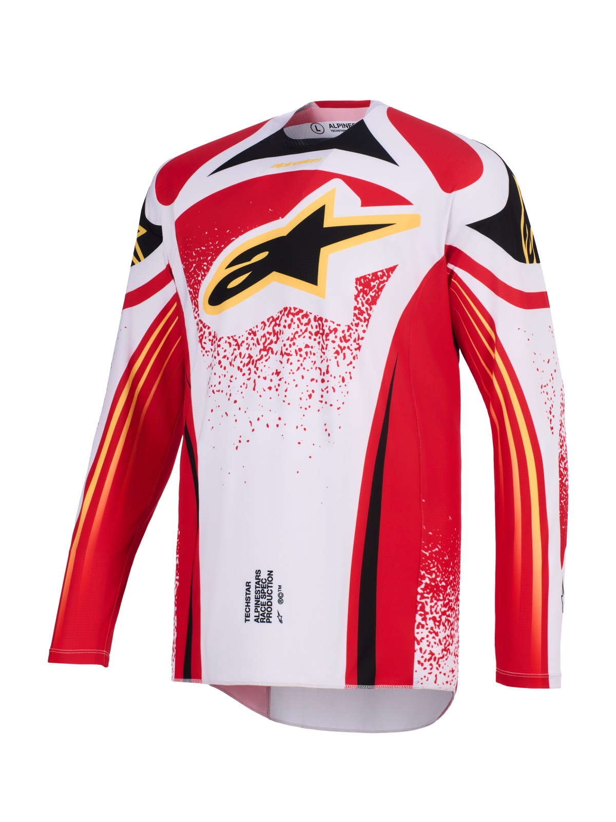 Alpinestars 2026 Techstar Nomur Jersey, maglia da motocross, bianco, rosso e nero, con grande logo Astar nero con bordo giallo sul petto, vestibilità atletica race fit a maniche lunghe e grafiche per corse off-road