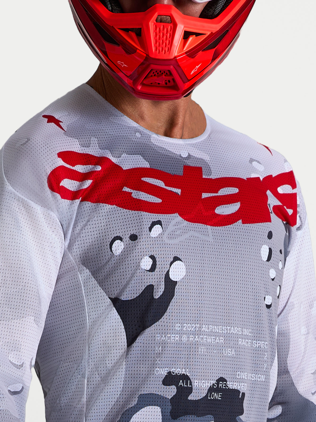Alpinestars maglia Racer Air Lone, maglia da motocross da uomo, grigio camo e rosso, in mesh ventilato.