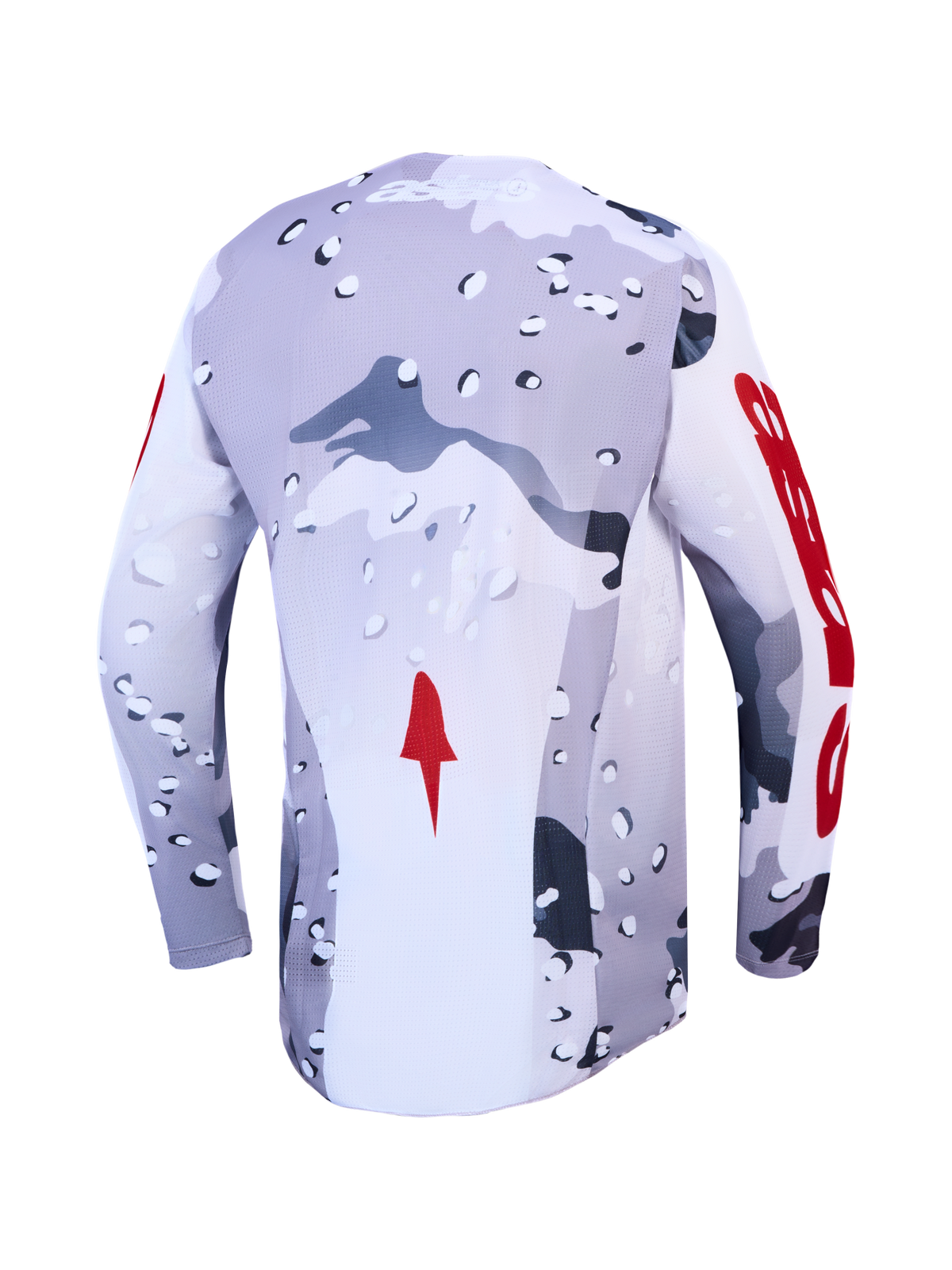 Alpinestars maglia Racer Air Lone 2027 da motocross, camouflage grigio e bianco con dettagli rossi, vista posteriore in mesh.
