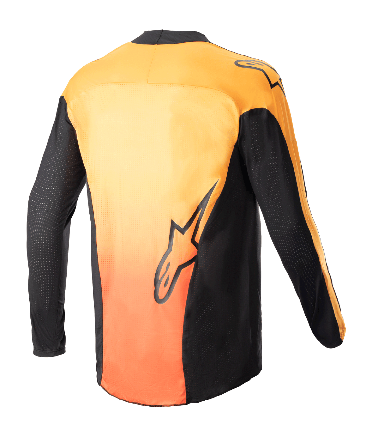 Alpinestars Techstar Sein Jersey 2023, maglia da motocross, nero e arancione vivace, vista posteriore che mostra il retro con sfumatura arancione, pannelli laterali e maniche neri, con grafiche del logo Alpinestars sulla parte bassa della schiena e sulla spalla.