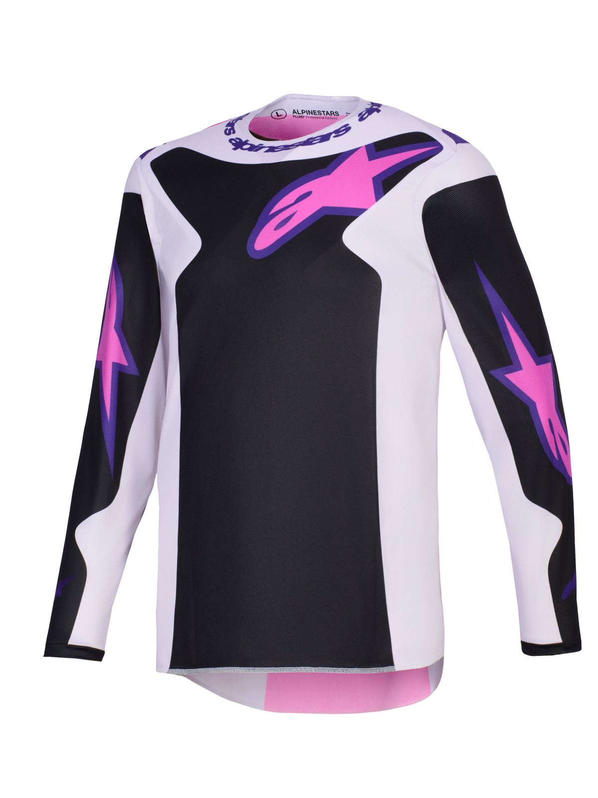 Alpinestars 2026 Fluid Grid Jersey, maglia da motocross, nero, grigio chiaro e viola, con loghi Astars rosa sul petto e sulle maniche, pannelli neri su base grigio chiaro, vestibilità atletica a maniche lunghe per la guida off-road