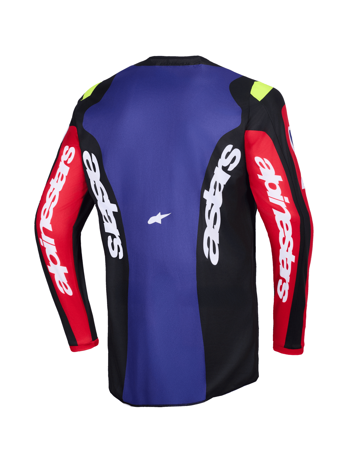 Alpinestars 2026 Fluid Grid Jersey, vista posteriore, maglia da motocross in rosso, nero e viola, con branding Alpinestars bianco sulle maniche e sui pannelli laterali, piccoli accenti giallo neon sulle spalle, abbigliamento tecnico traspirante da fuoristrada