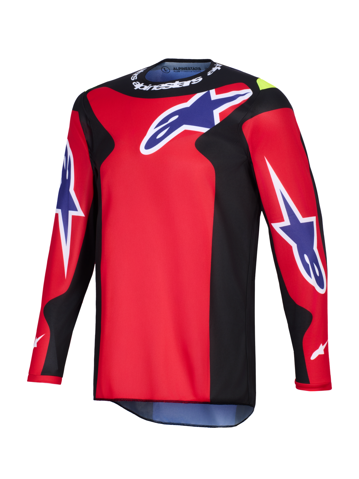 Alpinestars 2026 Fluid Grid Jersey, maglia da motocross, rosso, nero e viola, con grandi loghi Astars viola sul petto e sulle maniche, pannelli laterali neri e branding Alpinestars bianco sul colletto, costruzione in poliestere tecnico.